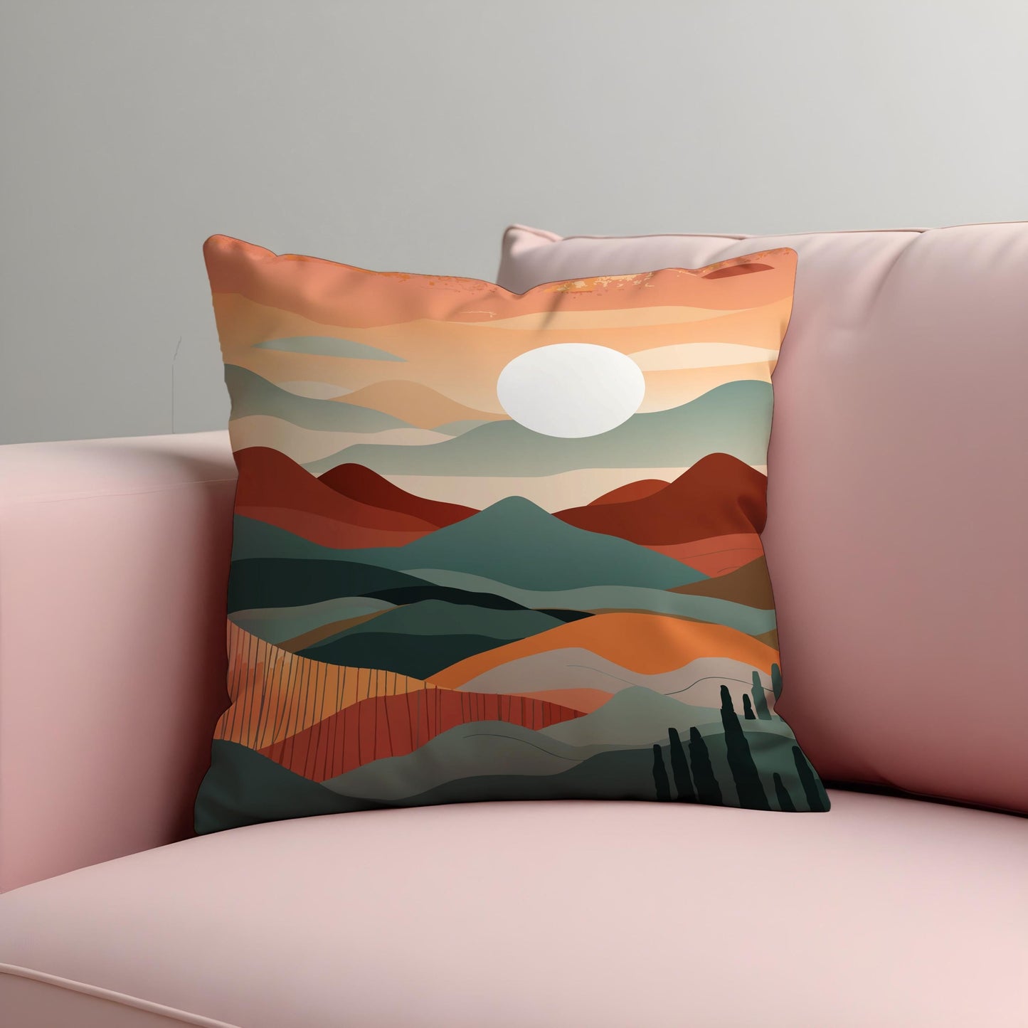Minimalist Landscape Cushion Cover, Earthy Sunset Scene Pillowcase