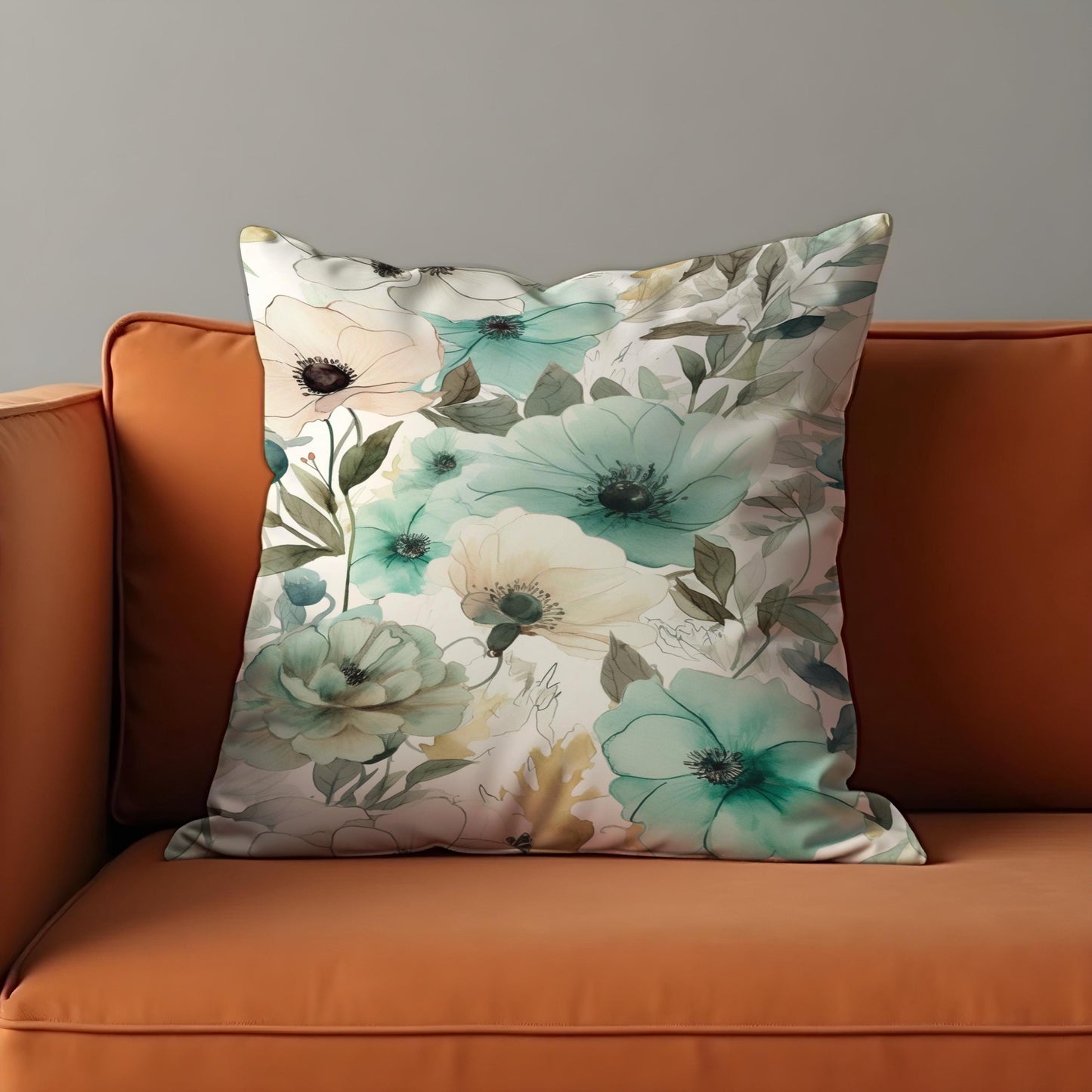 Aqua Floral Cushion Cover, Teal & Sage Watercolor Flowers Pillow Case