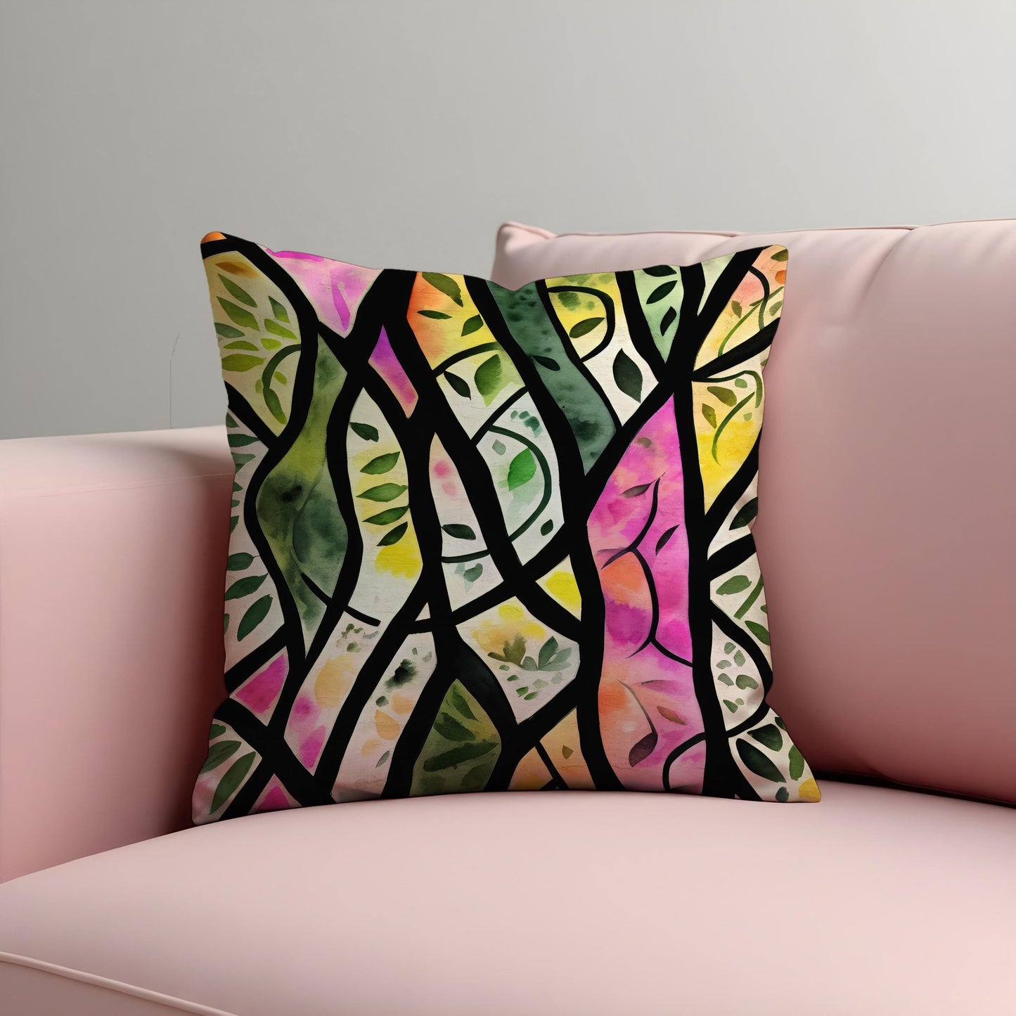 Stained Glass Leaf Cushion Cover, Colorful Tree Branch Pillow Cover