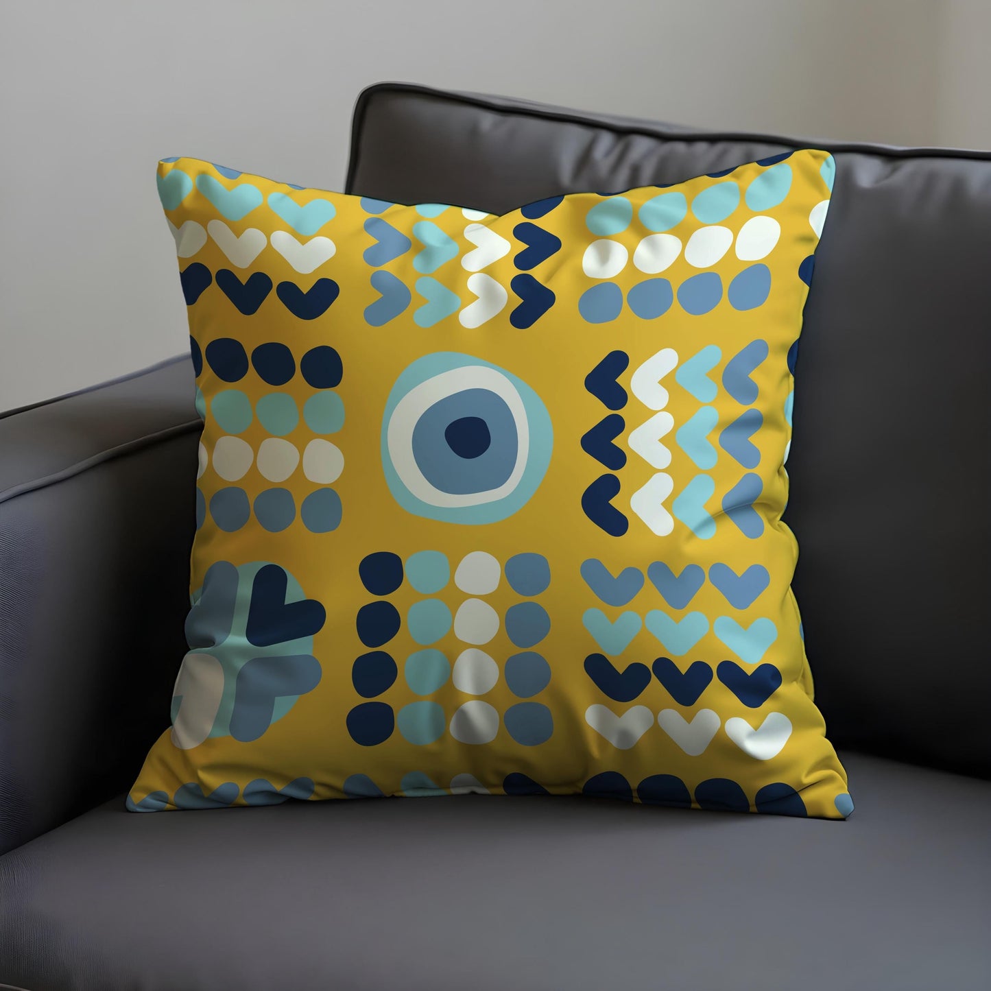 Modern Geometric Cushion Cover, Yellow Evil Eye Heart Pillow Cover