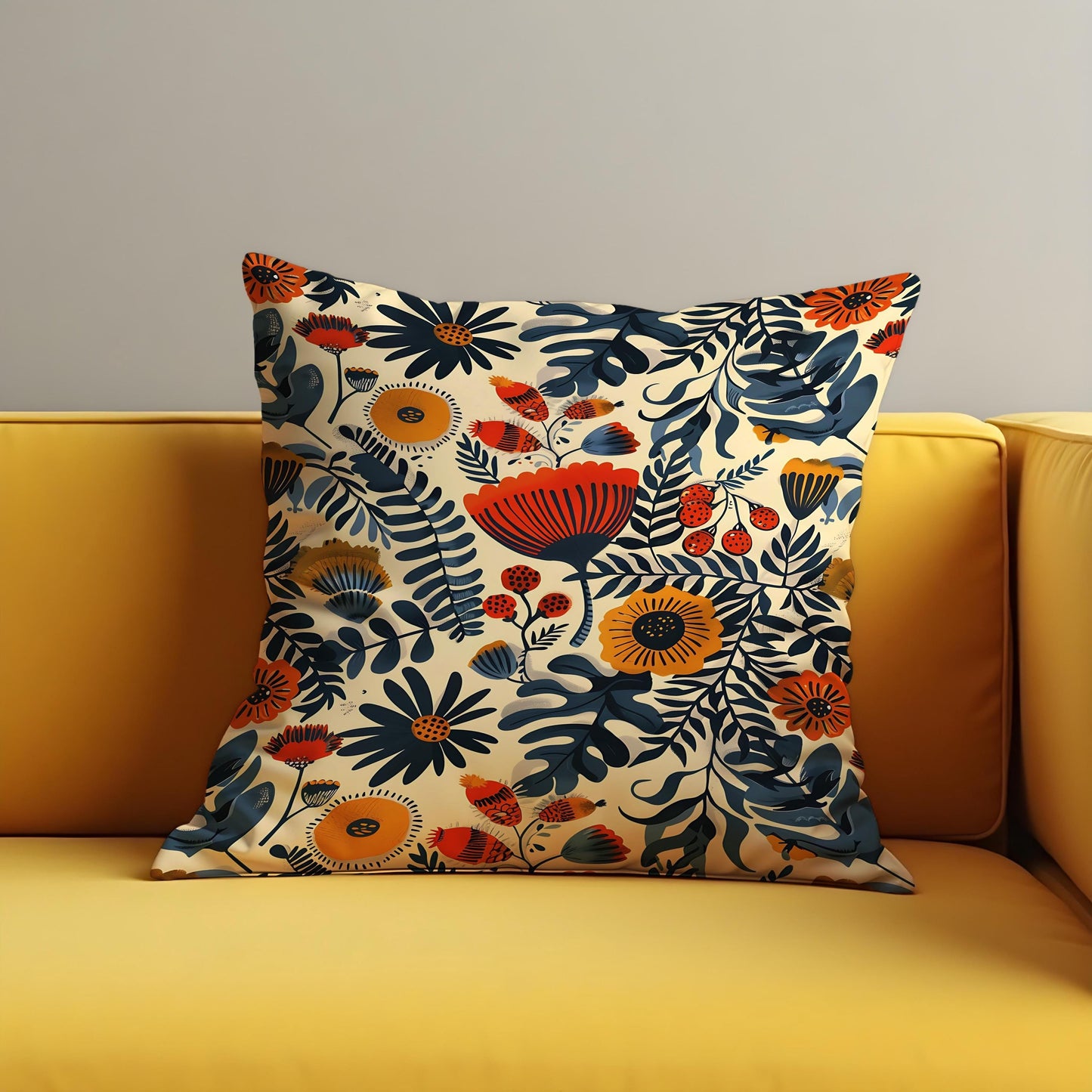 Folk Art Floral Cushion Cover, Bold Botanical Print Pillow Case