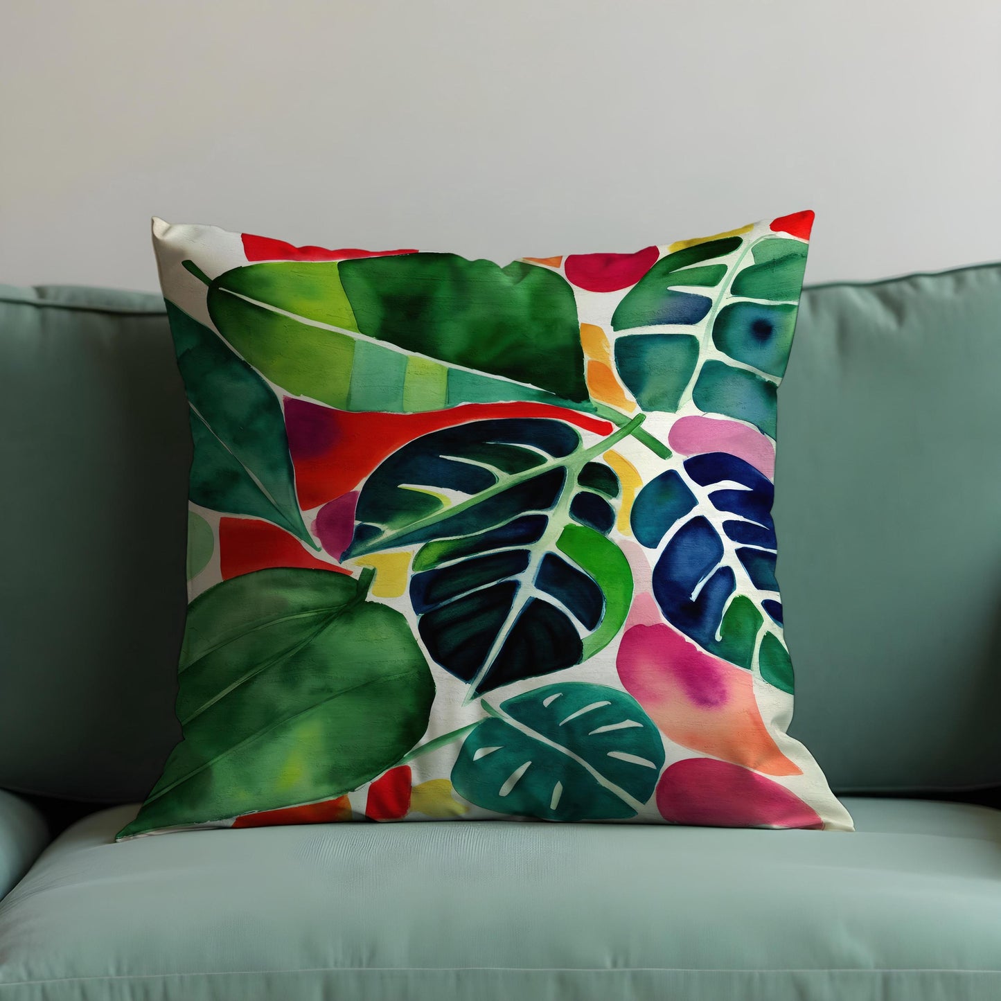 Tropical Watercolor Leaf Cushion Cover, Colorful Jungle Botanical Pillowcase