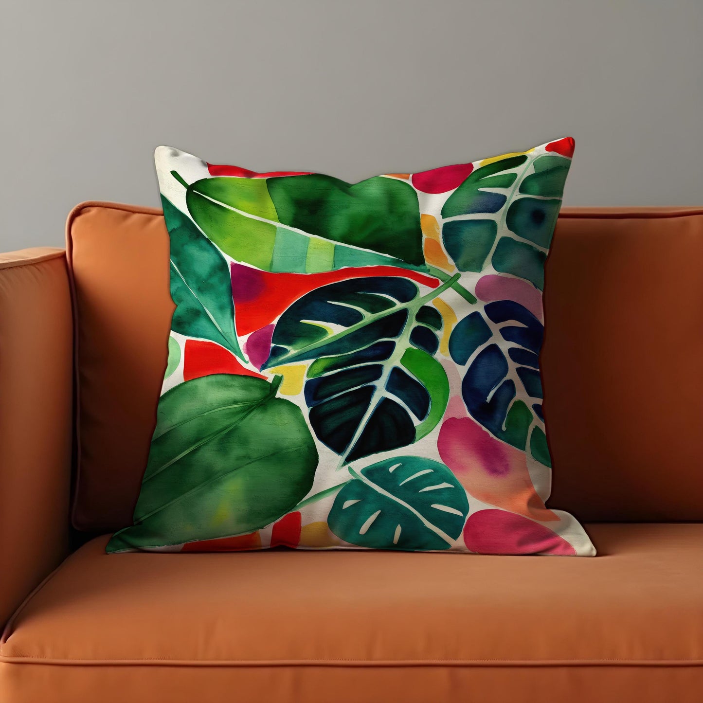 Tropical Watercolor Leaf Cushion Cover, Colorful Jungle Botanical Pillowcase