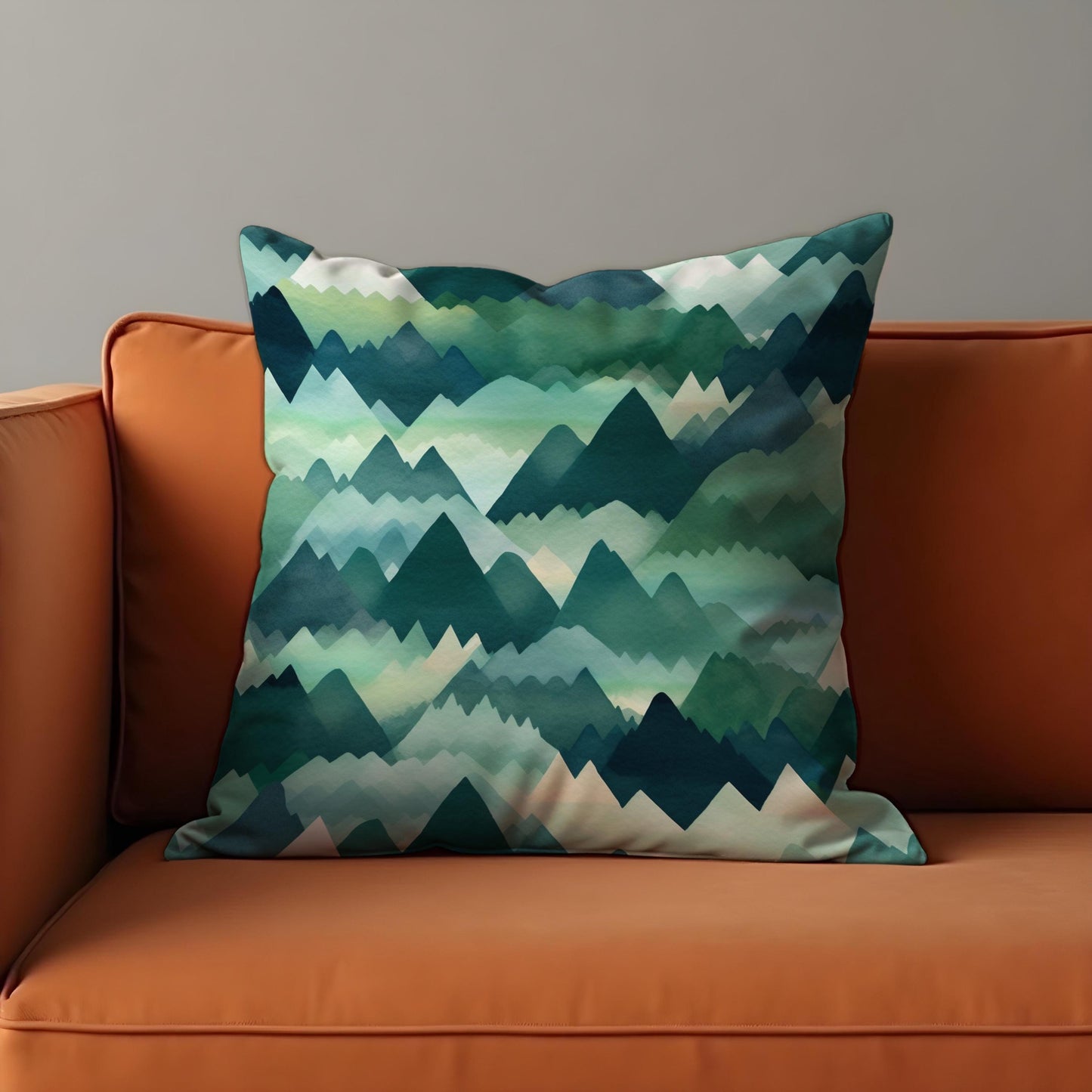 Mountain Range Pillow Cover, Green & Teal Watercolor Landscape Cushion Case