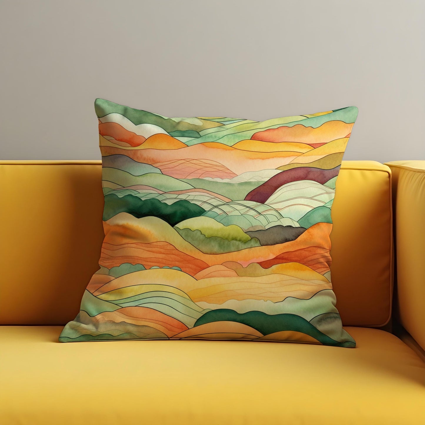 Watercolor Hills Cushion Cover, Autumn Landscape Pillow Case