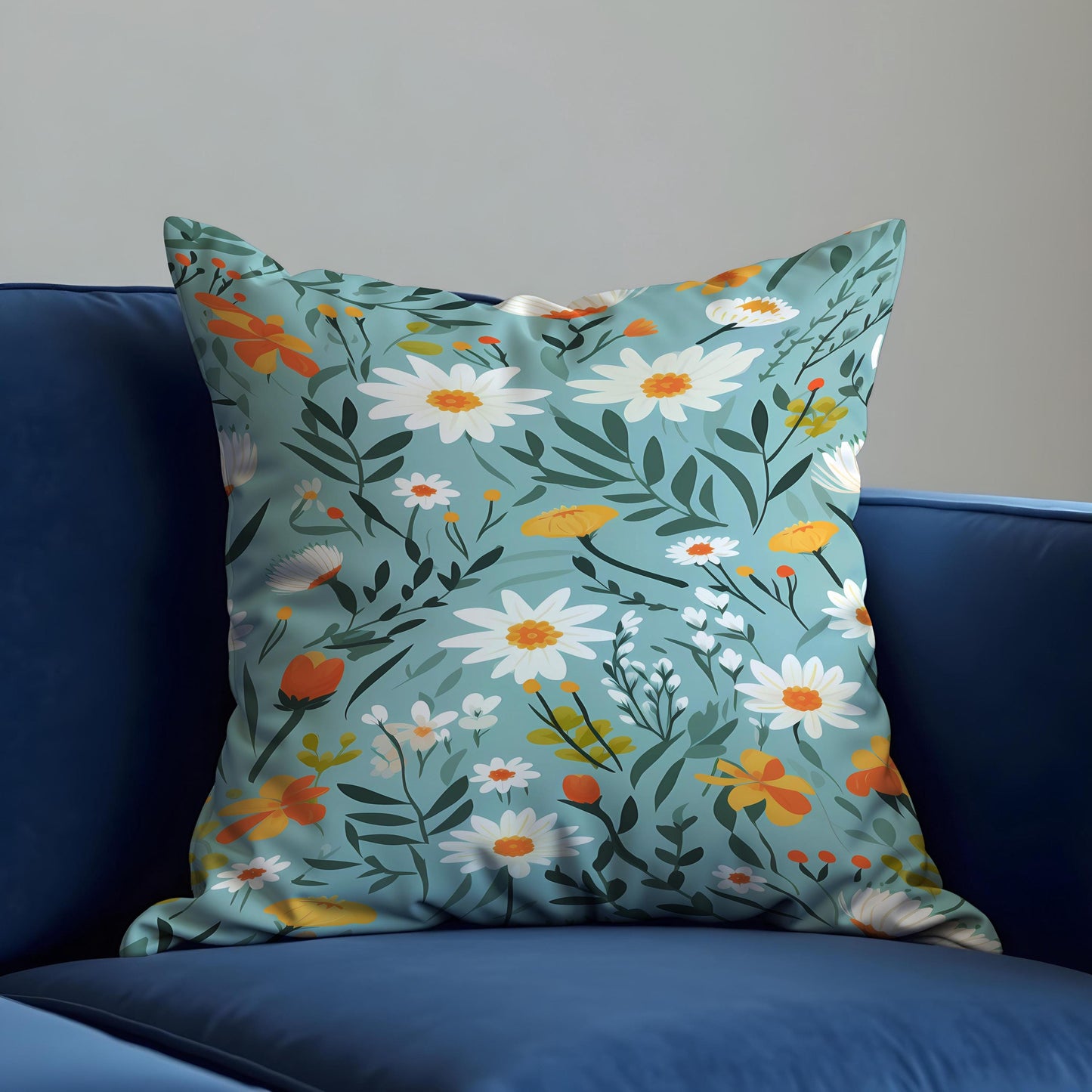 Daisy Floral Cushion Cover, Teal Wildflower Throw Pillow Cover