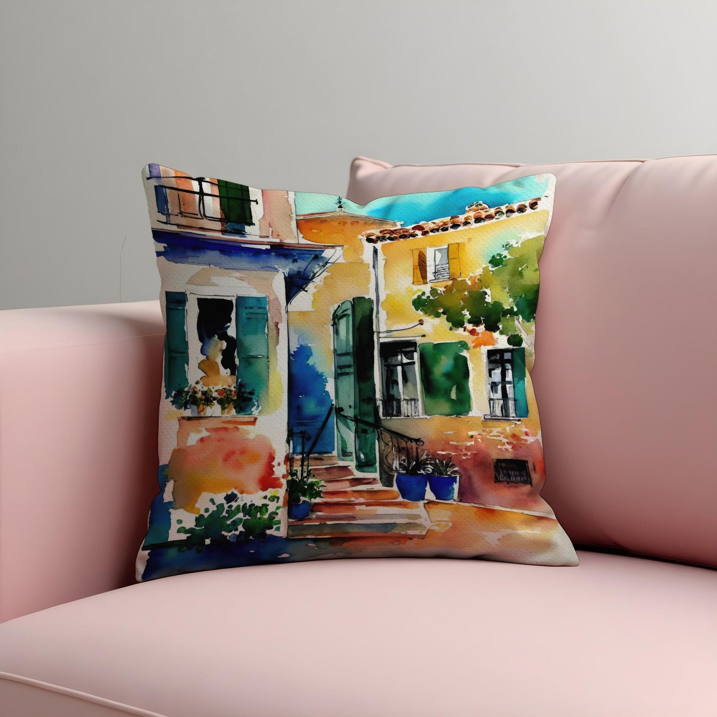 Mediterranean House Cushion Cover, Watercolor Village Scene Pillowcase