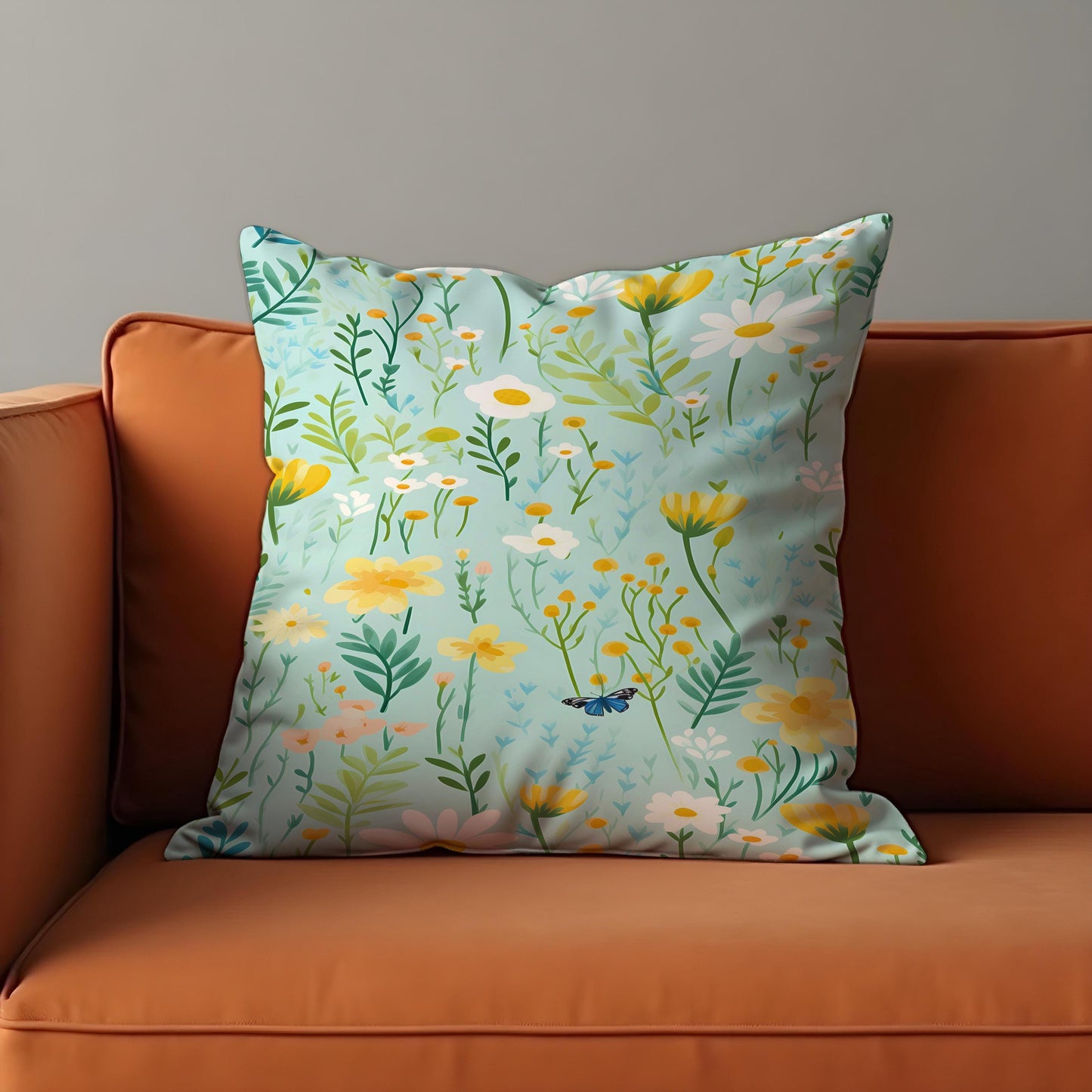 Floral Meadow Cushion Cover, Light Blue Throw Pillow Case