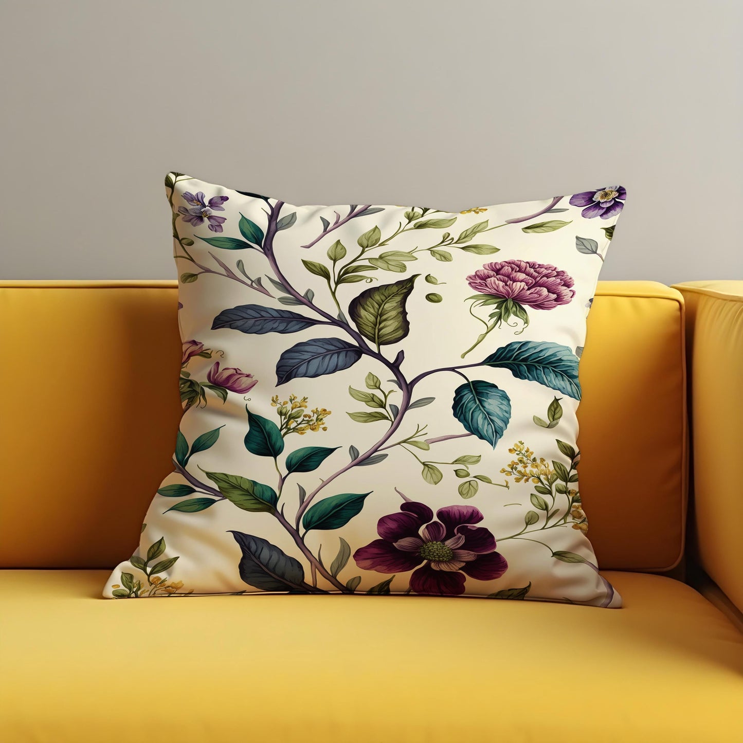 Botanical Cushion Cover, Plum & Green Floral Print Pillow Case