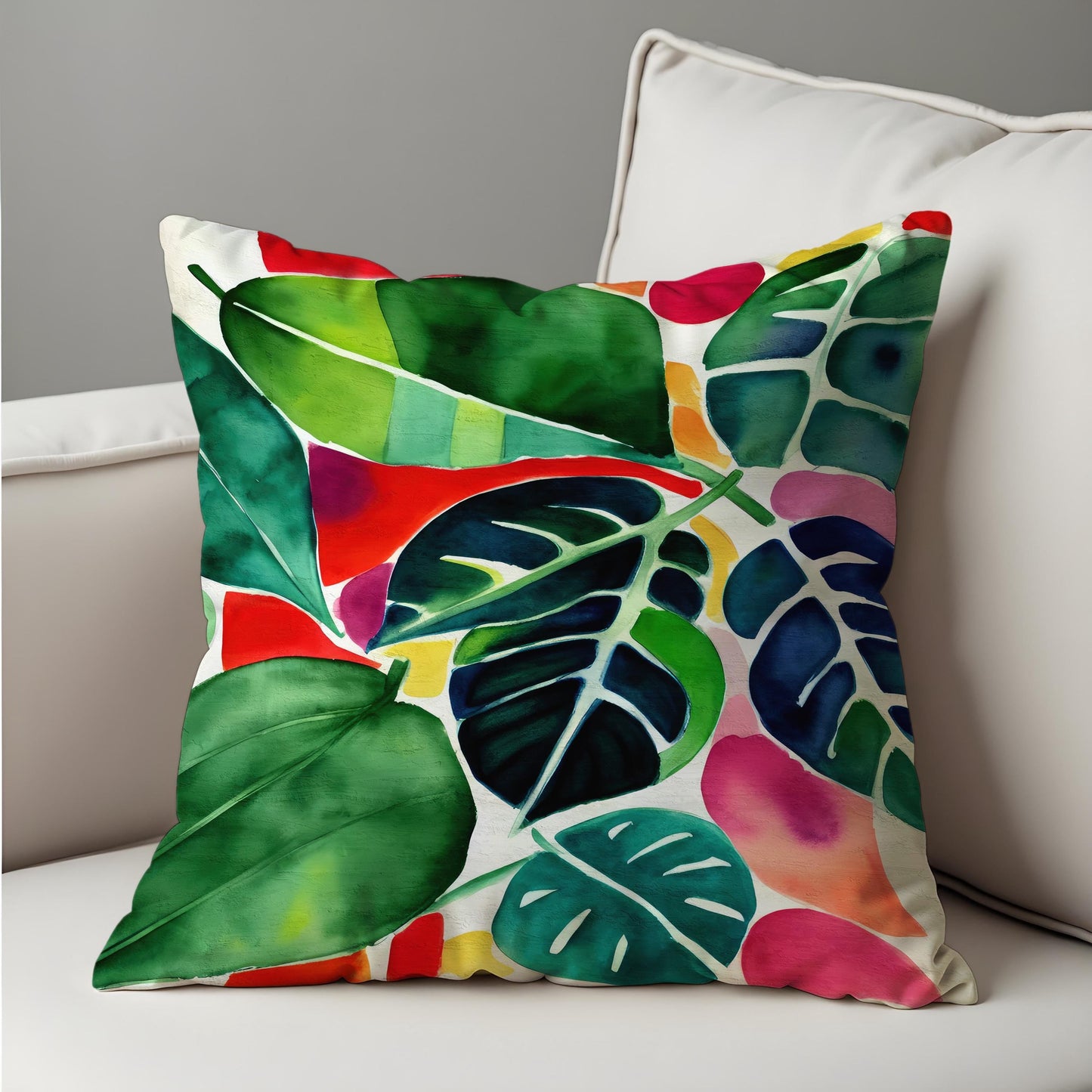Tropical Watercolor Leaf Cushion Cover, Colorful Jungle Botanical Pillowcase