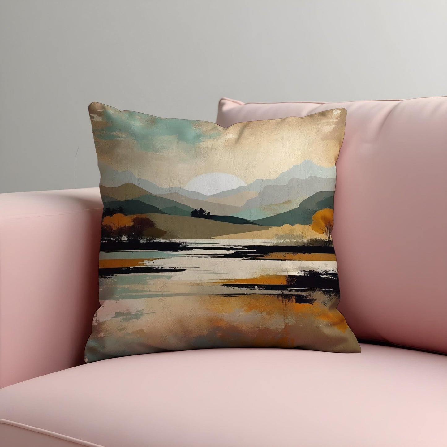 Serene Mountain Landscape Cushion Cover, Trees & Sunset Pillow Case