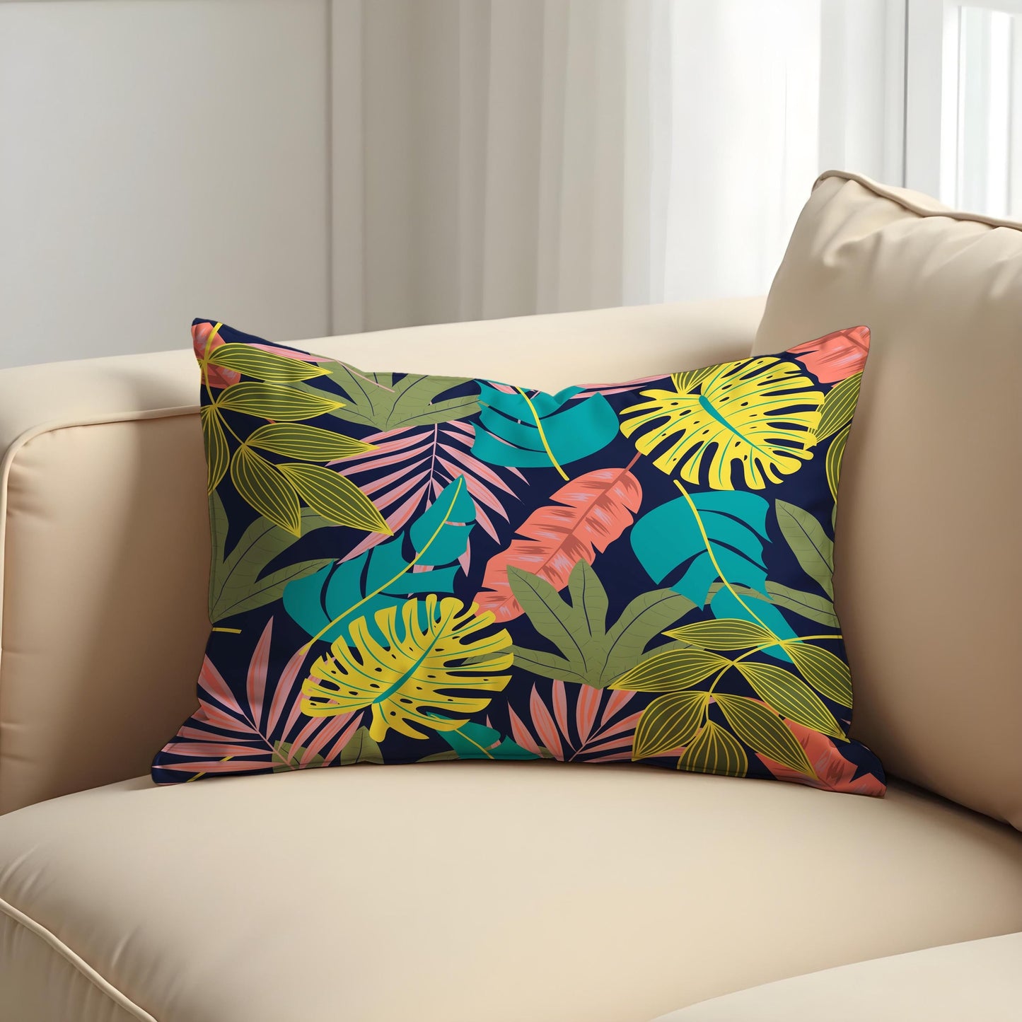 Colorful Tropical Leaf Cushion Cover, Jungle Botanical Pillow Cover