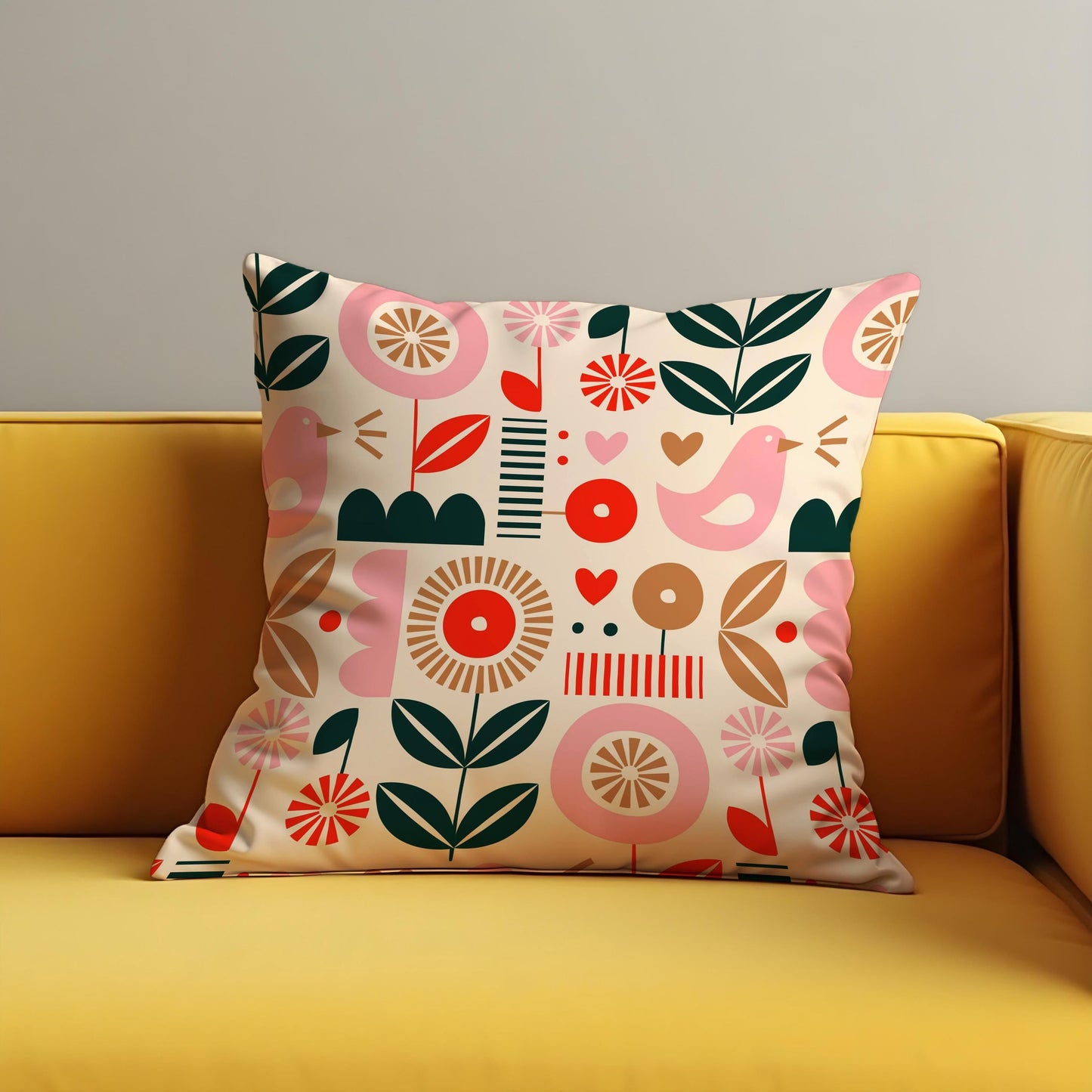 Scandi Folk Art Cushion Cover, Pink Bird & Floral Throw Pillow Cover