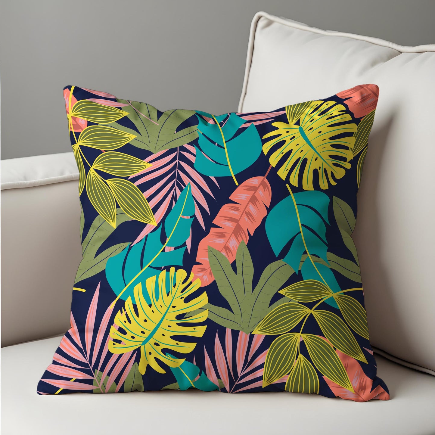 Colorful Tropical Leaf Cushion Cover, Jungle Botanical Pillow Cover