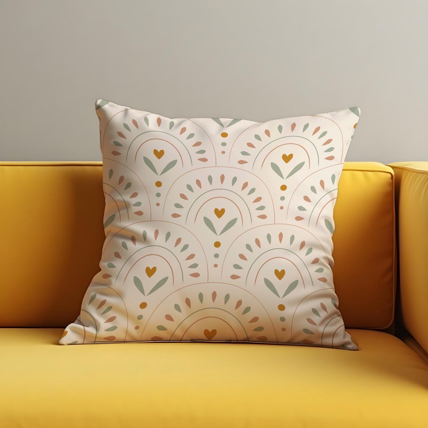 Boho Rainbow Cushion Cover, Arches with Heart & Leaf Motif Pillow Case