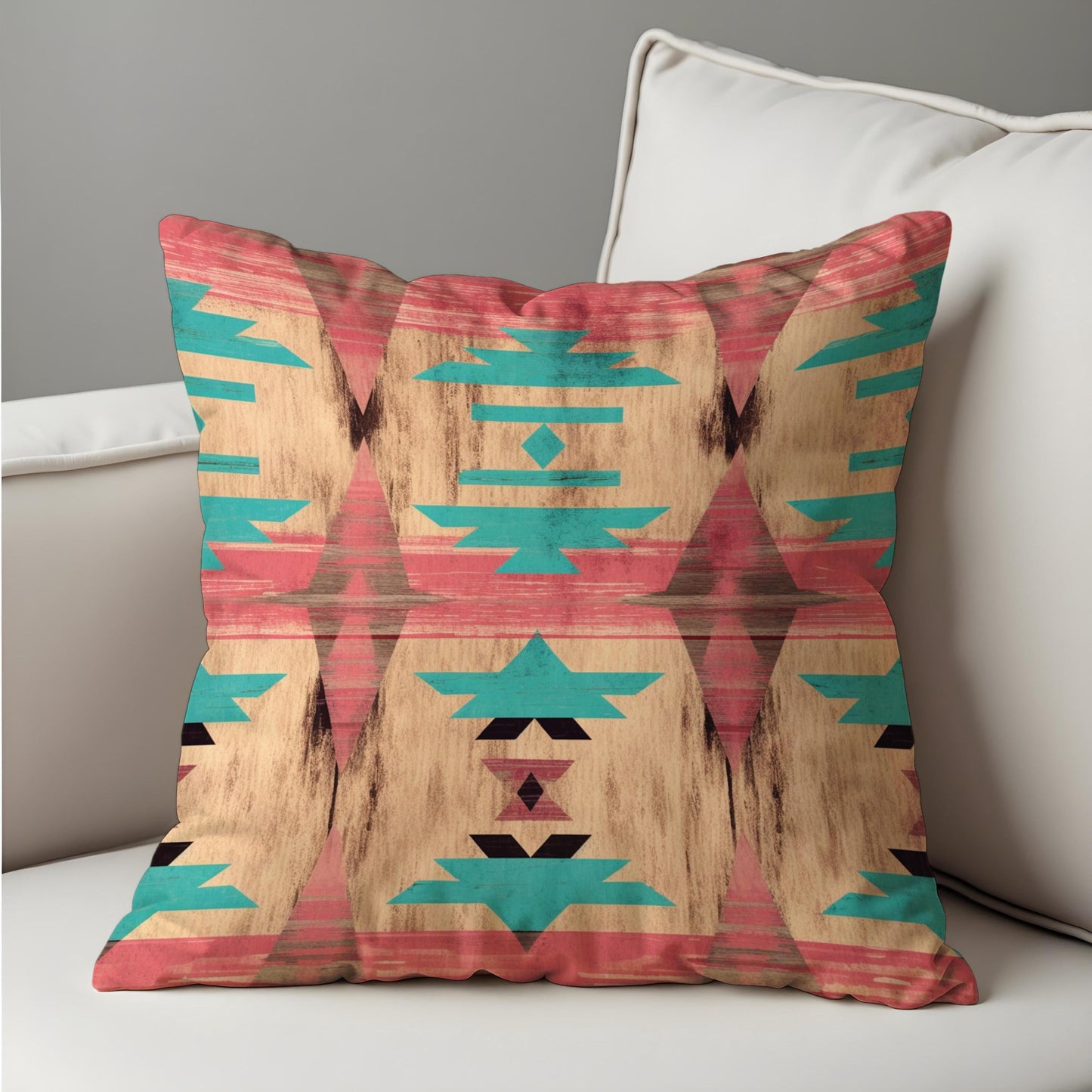 Southwestern Cushion Cover, Faded Aztec Coral & Turquoise Pillow Case
