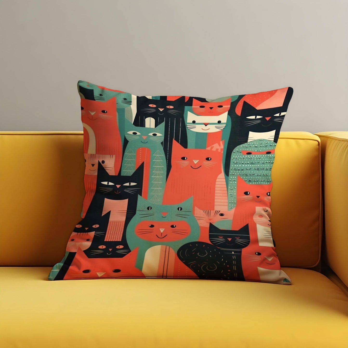 Colorful Cat Illustration Cushion Cover, Modern Retro Throw Pillow Cover