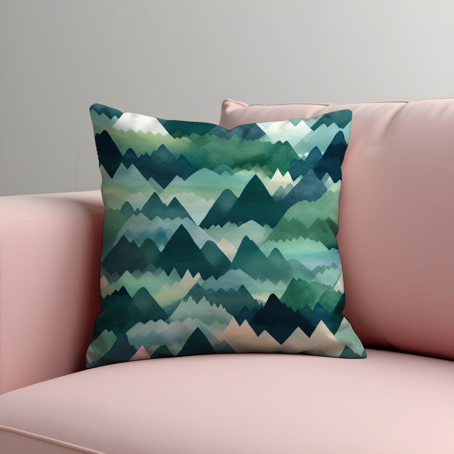 Mountain Range Pillow Cover, Green & Teal Watercolor Landscape Cushion Case