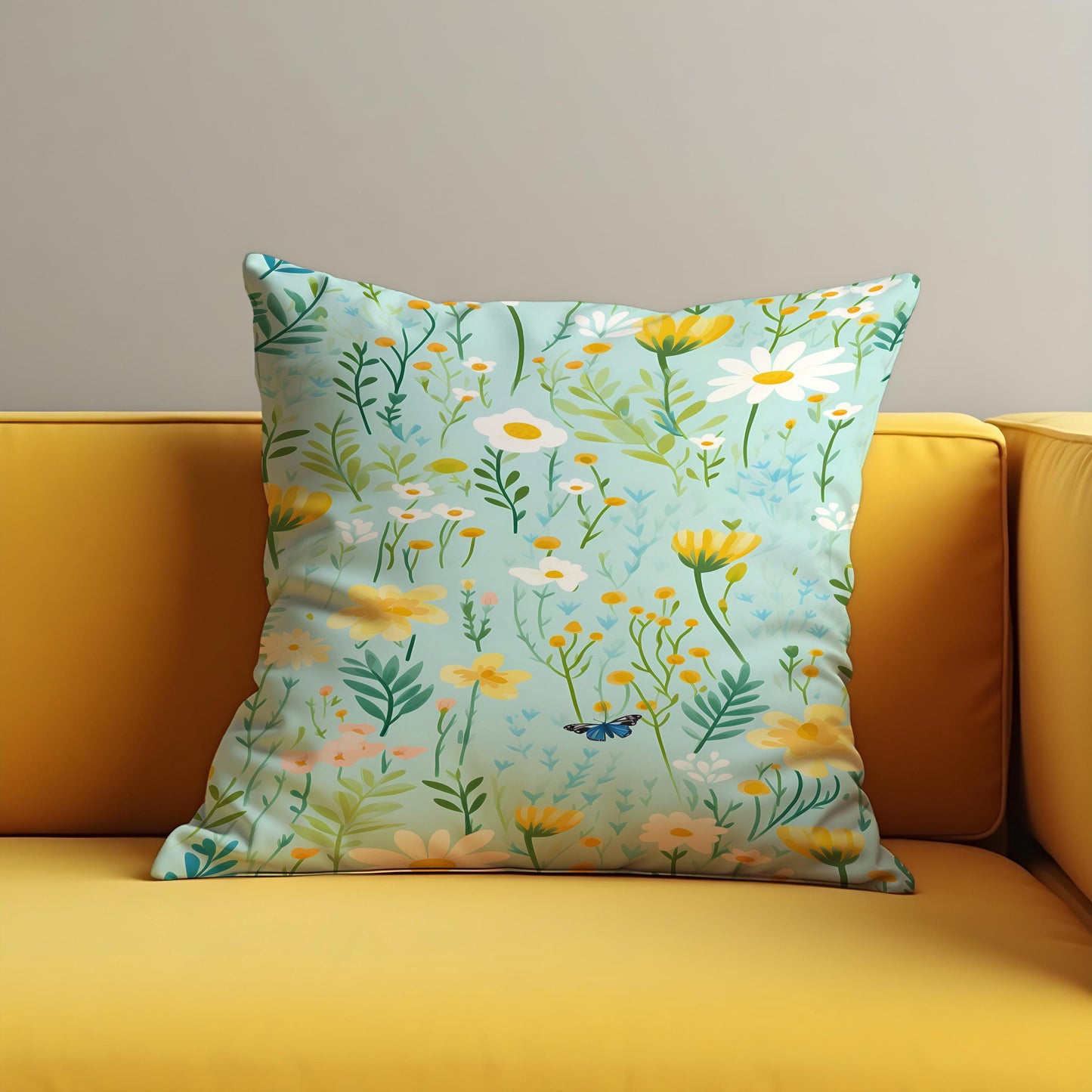 Floral Meadow Cushion Cover, Light Blue Throw Pillow Case