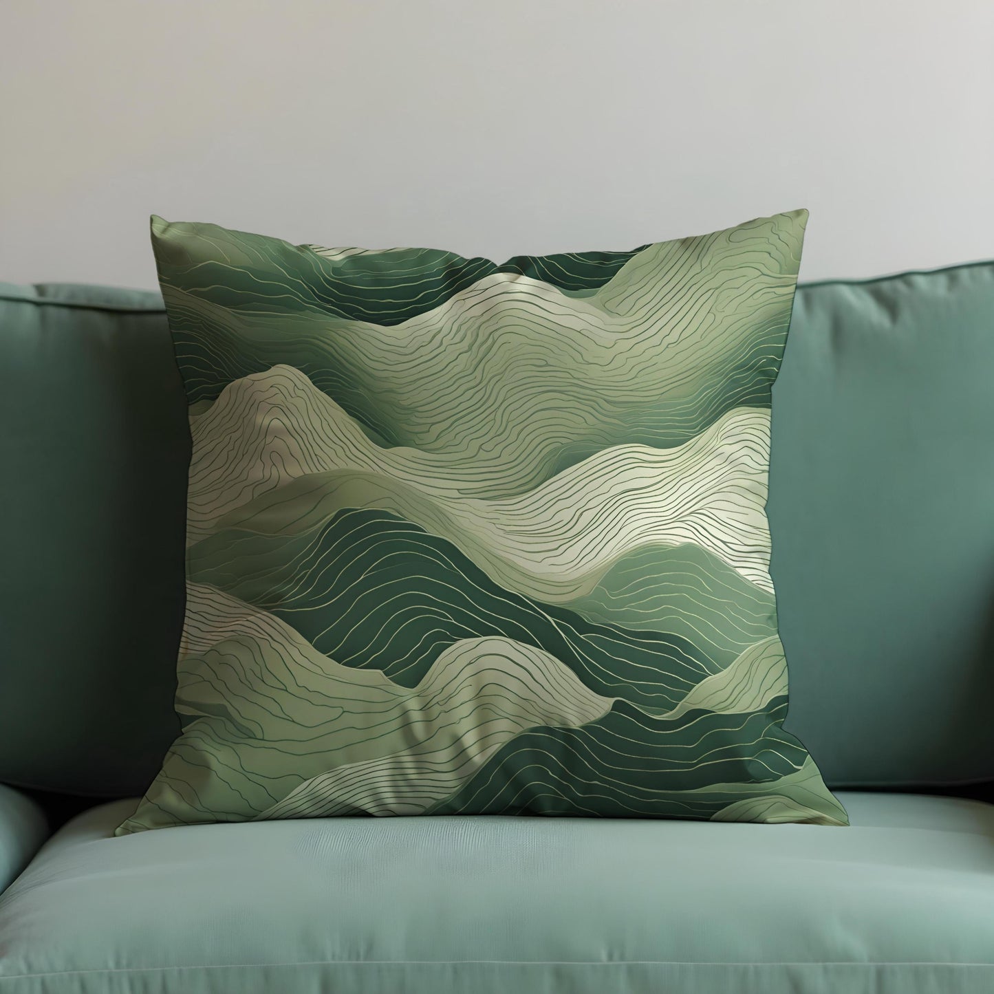 Abstract Mountain Cushion Cover, Green Topographic Line Art Pillow Case