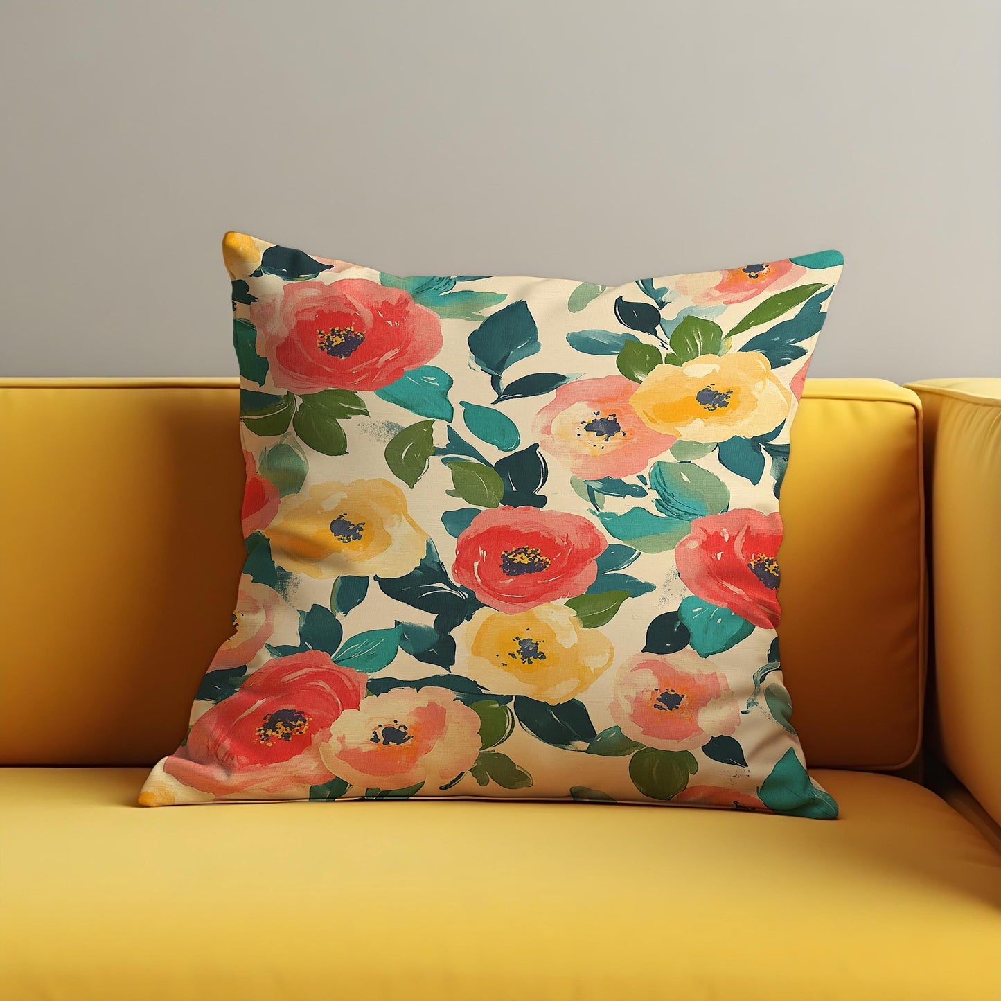Floral Cushion Cover, Red and Yellow Poppy Flowers Pillow Case