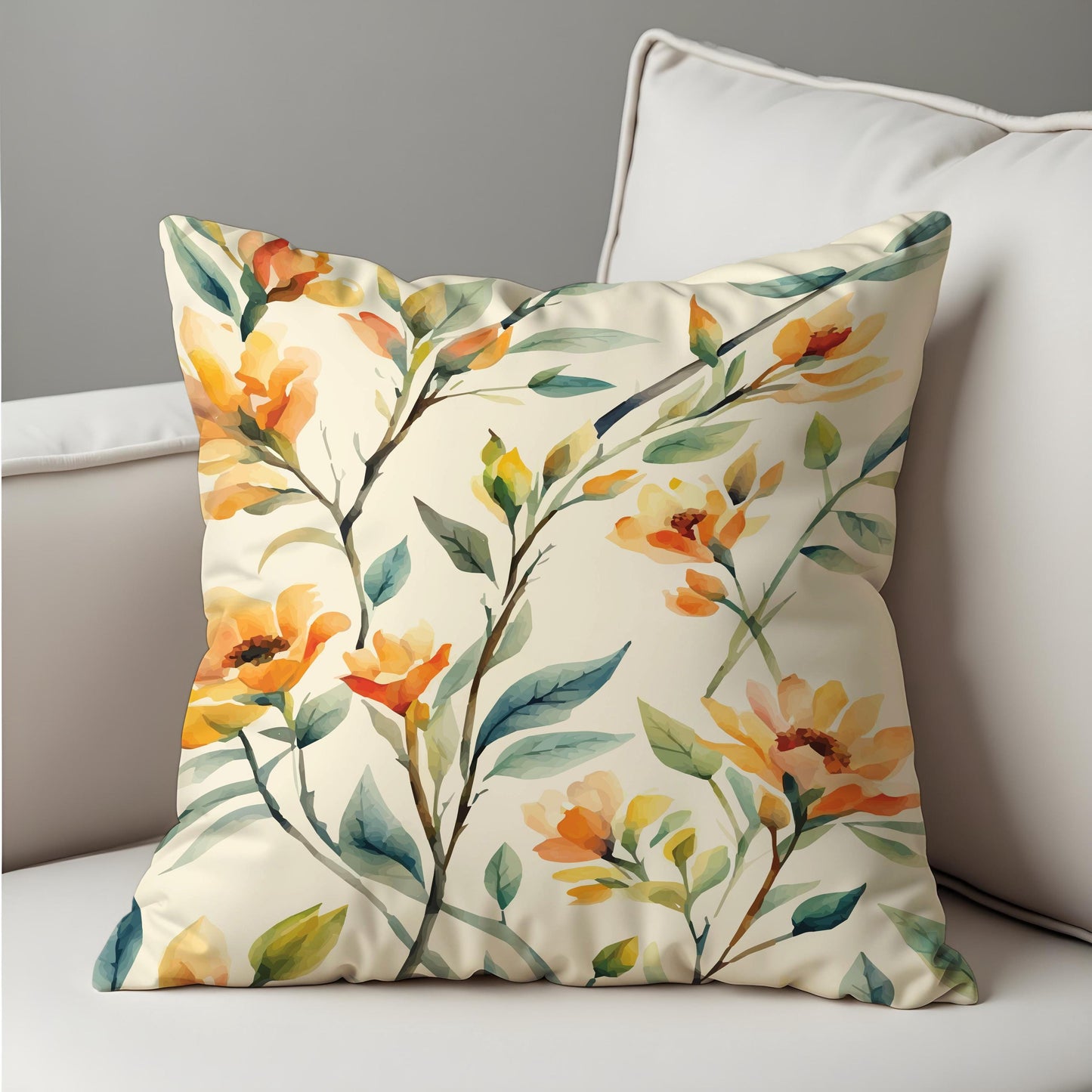 Spring Floral Cushion Cover, Orange & Yellow Watercolor Flowers Pillow Case