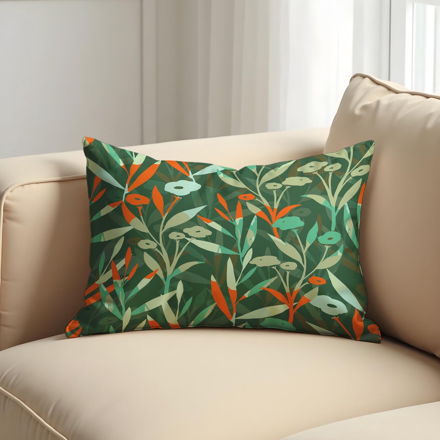 Green Botanical Throw Pillow Cover, Vibrant Floral Cushion Cover