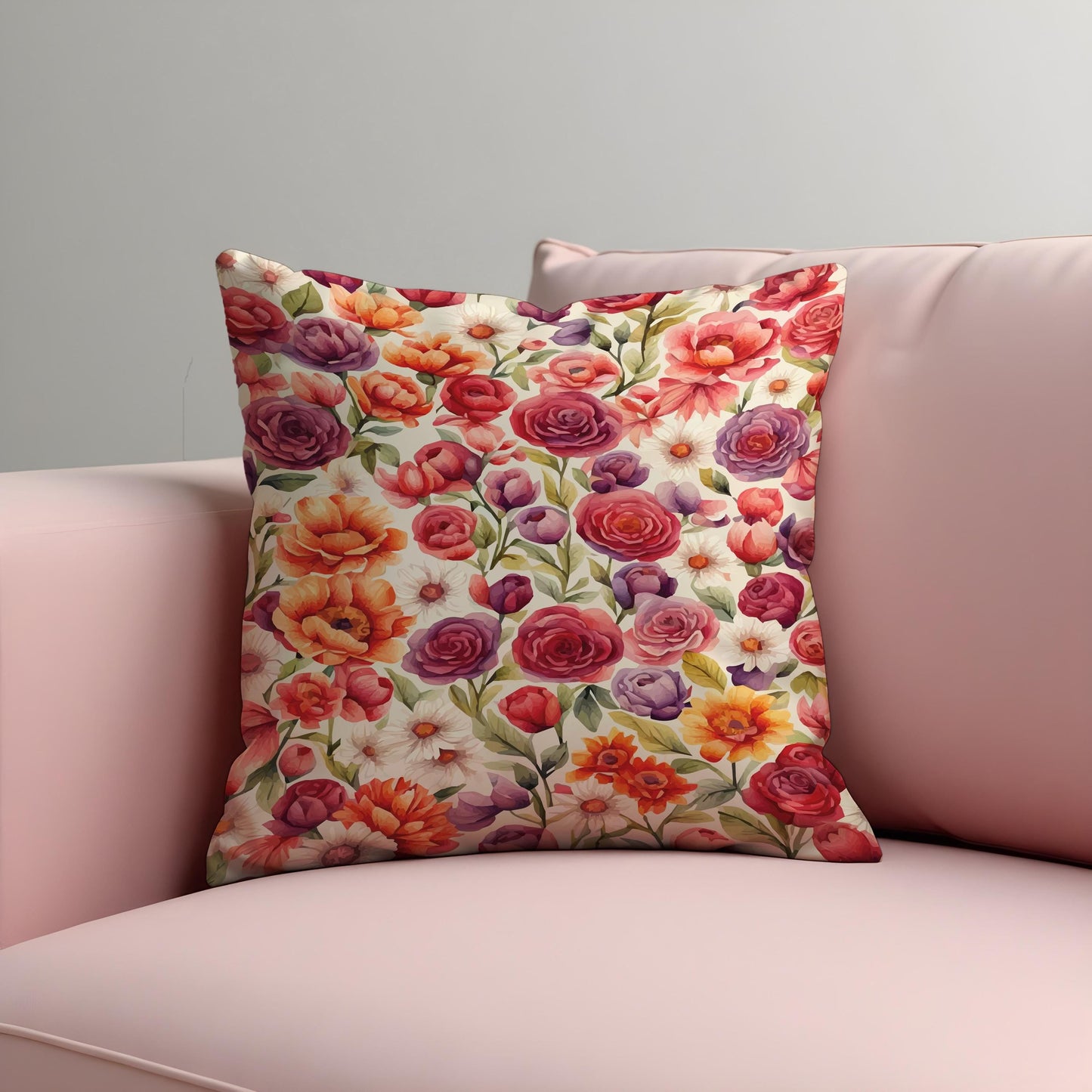 Colorful Garden Floral Cushion Cover, Purple & Orange Flowers Pillow Case