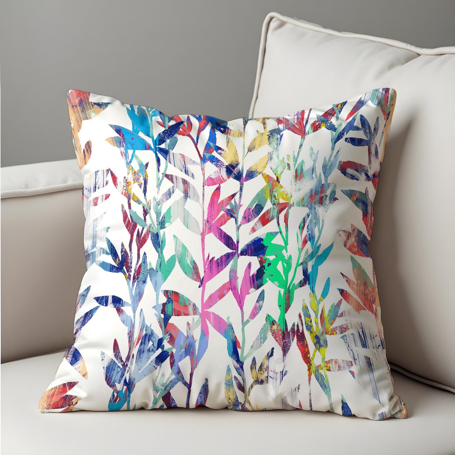 Colorful Botanical Cushion Cover, Rainbow Watercolor Leaves Pillowcase