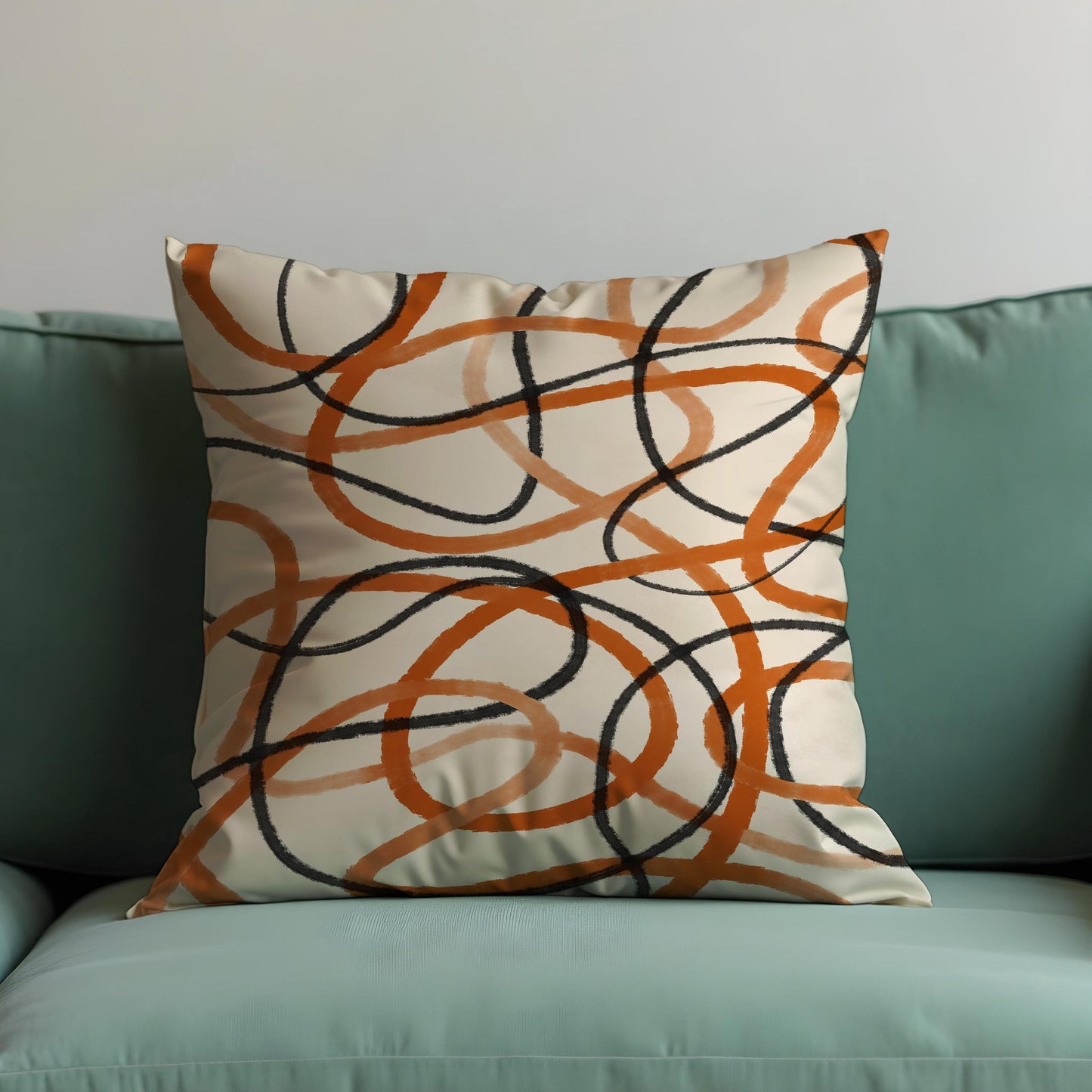 Modern Abstract Line Cushion Cover, Black & Rust Scribble Loops Pillow Case