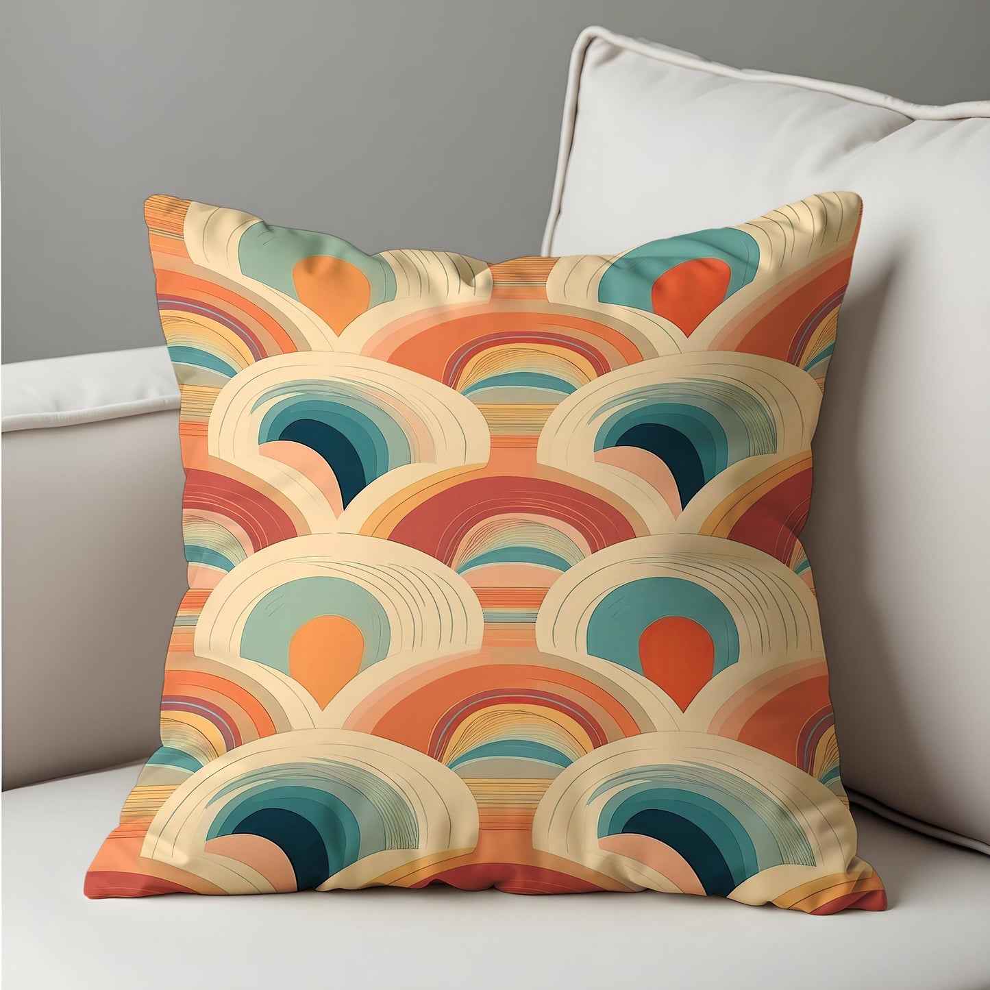 Retro Rainbow Cushion Cover, Coral Abstract Arcs Pillow Case