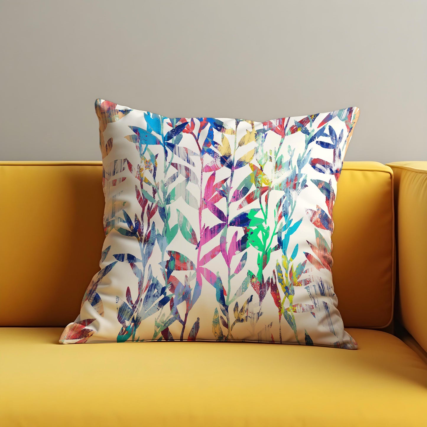 Colorful Botanical Cushion Cover, Rainbow Watercolor Leaves Pillowcase