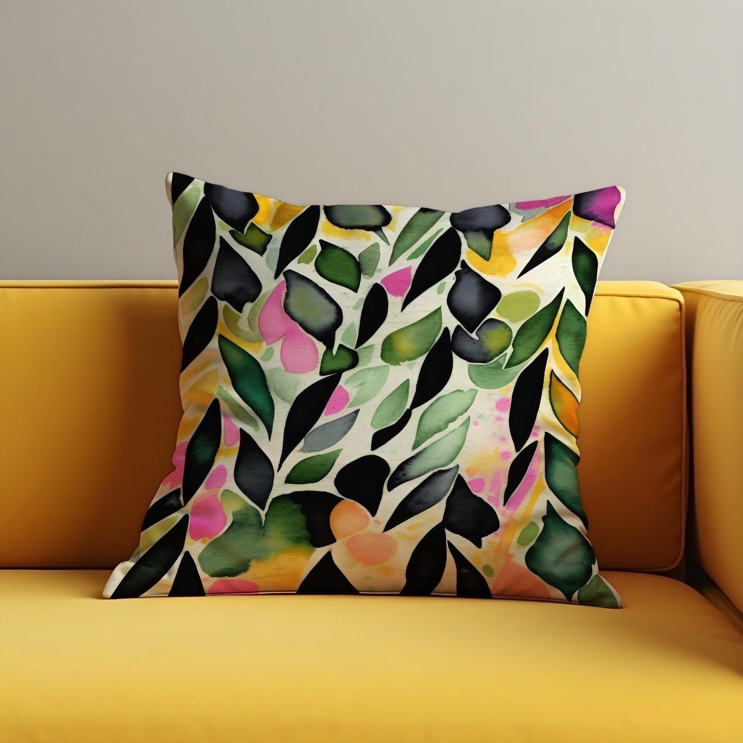 Watercolor Leaf Cushion Cover, Vibarant Colors Botanical Pillow Case