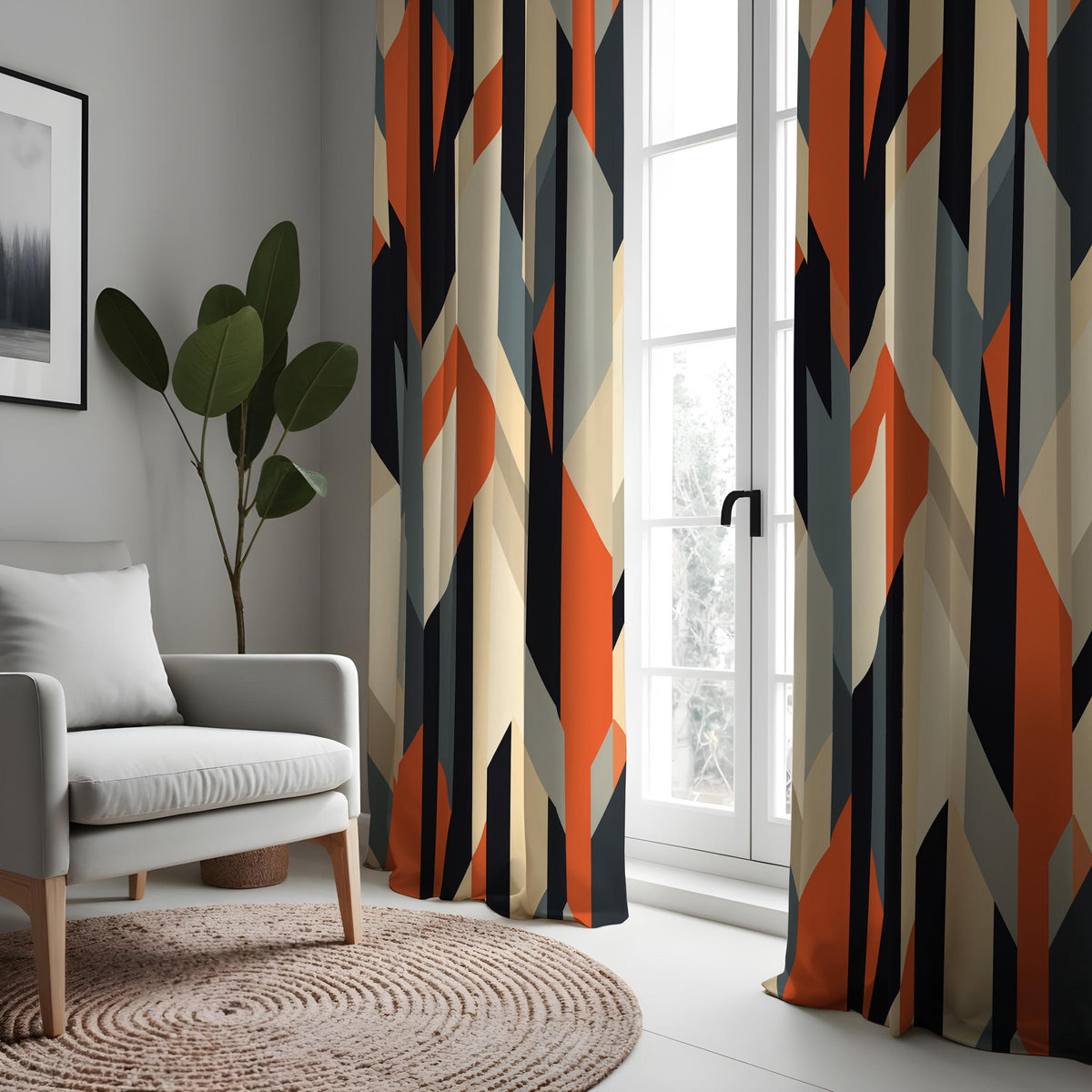 Orange Navy Beige Geometric Curtains, Angular Abstract Drapes