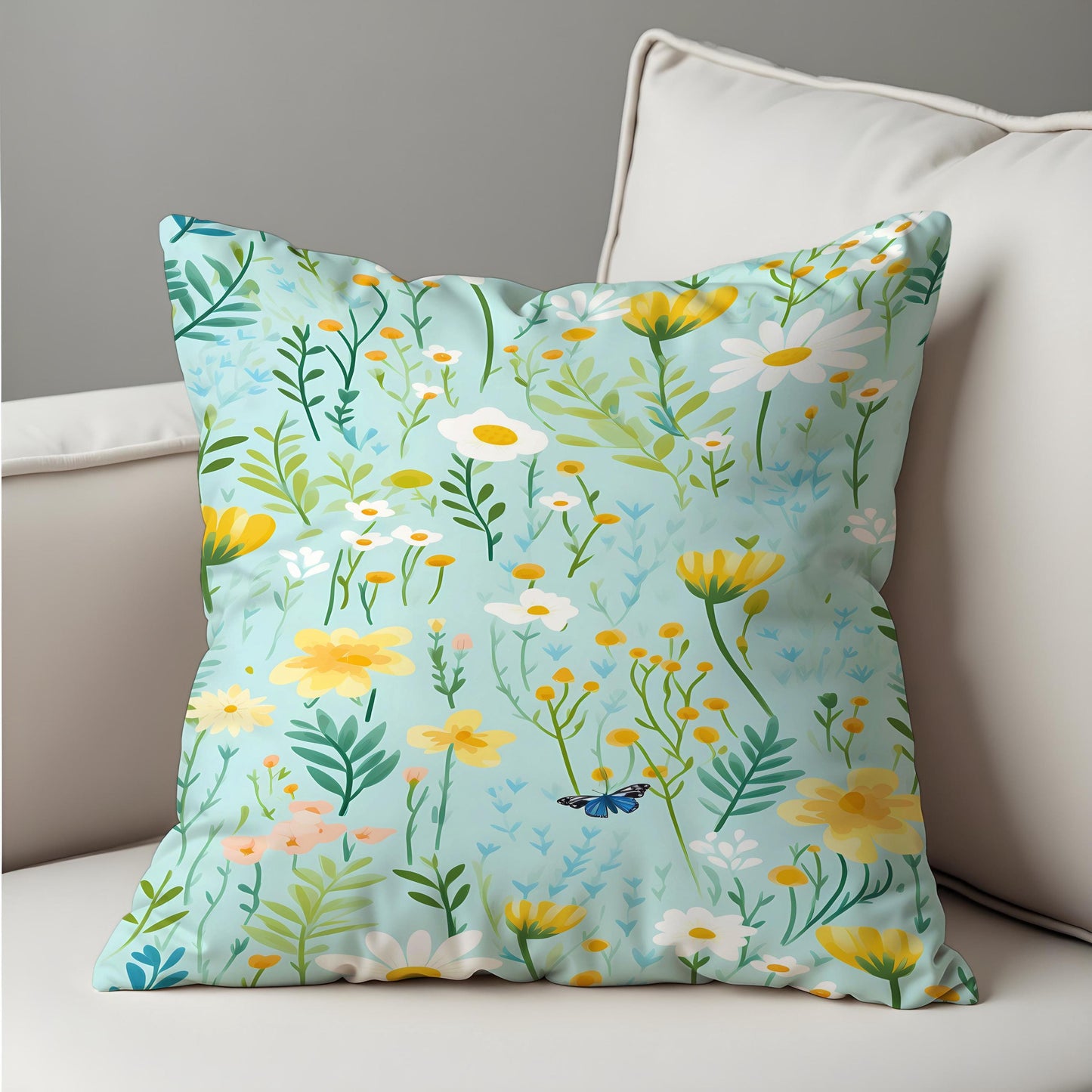 Floral Meadow Cushion Cover, Light Blue Throw Pillow Case