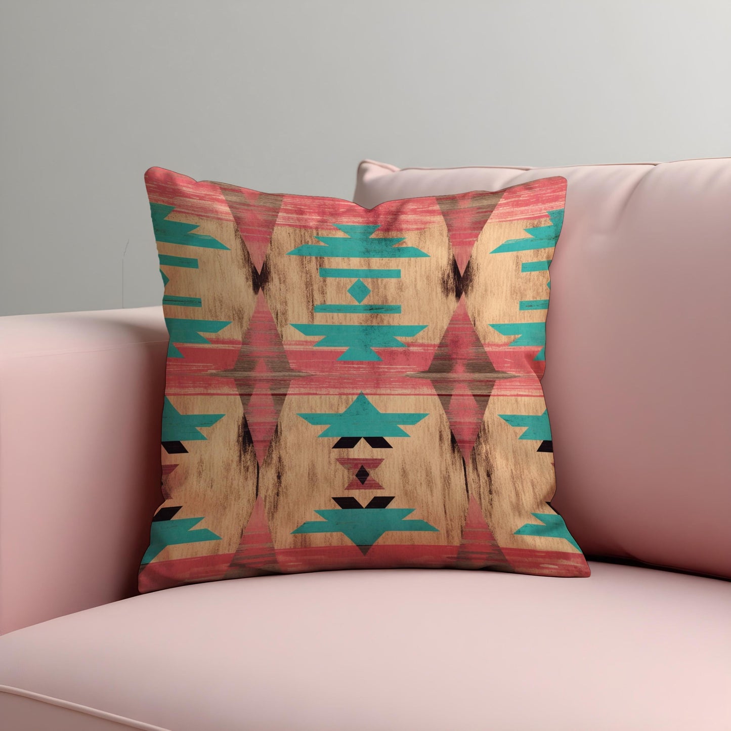 Southwestern Cushion Cover, Faded Aztec Coral & Turquoise Pillow Case
