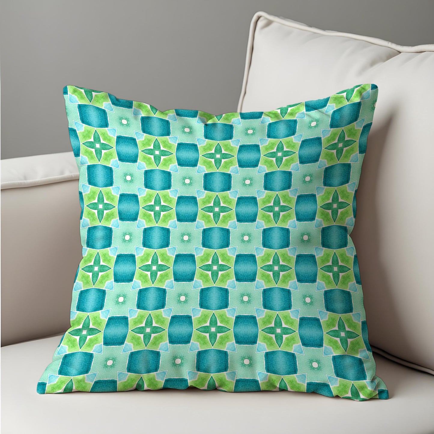 Retro Blue Green Cushion Cover, Mid Century Modern Tile Pillow Cover