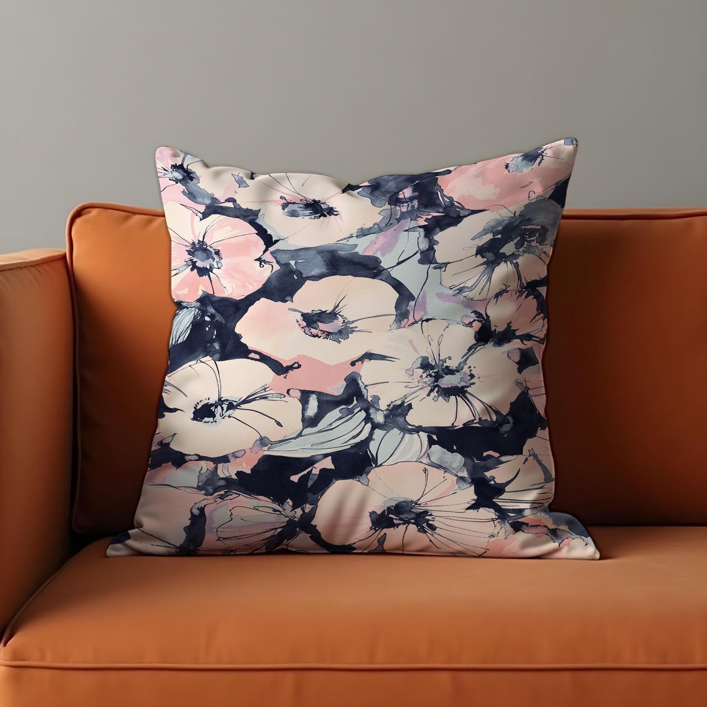 Watercolor Floral Cushion Cover, Blush & Navy Flower Print Pillowcase