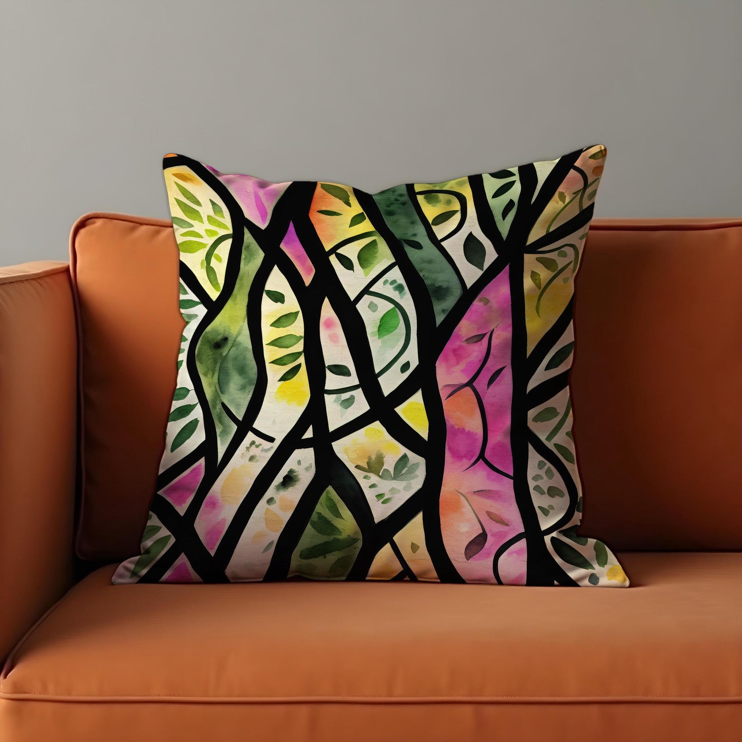 Stained Glass Leaf Cushion Cover, Colorful Tree Branch Pillow Cover