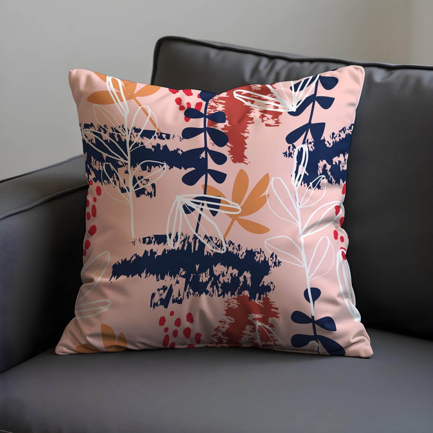Modern Abstract Botanical Cushion Cover, Navy & Blush Throw Pillow Cover