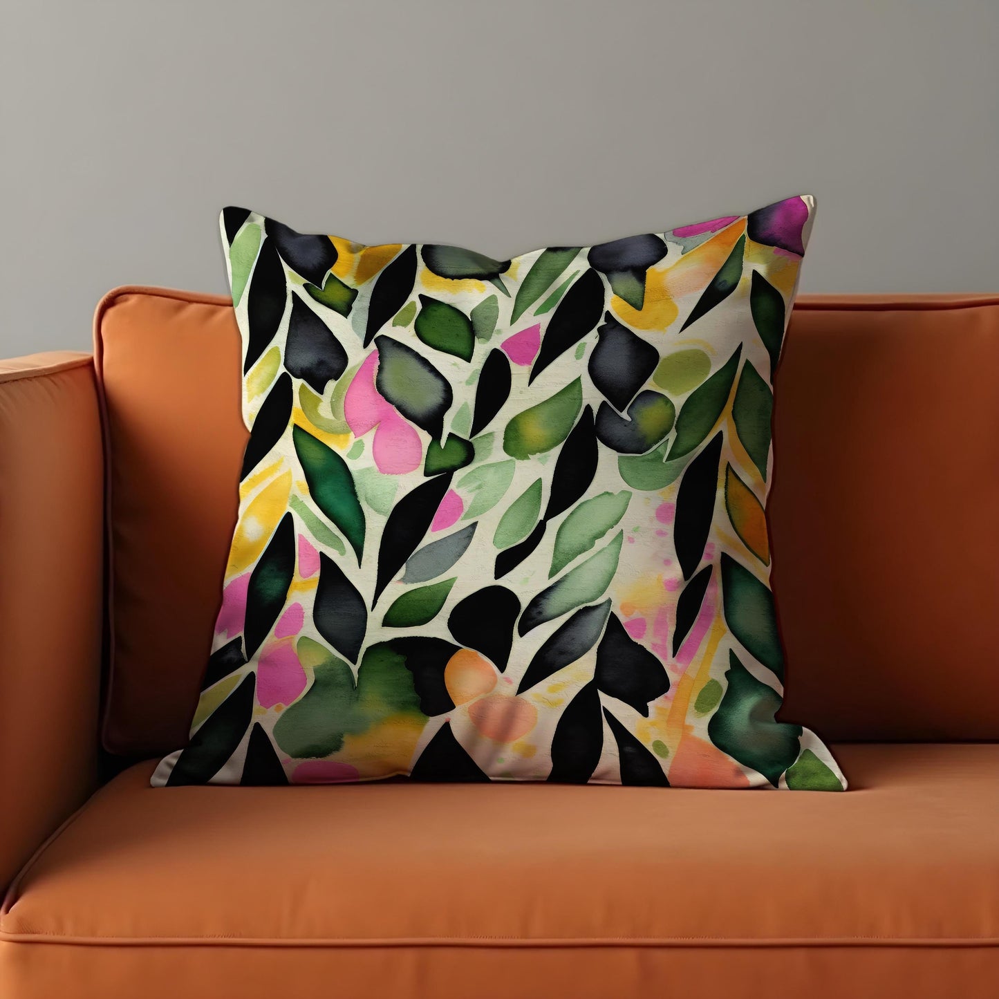 Watercolor Leaf Cushion Cover, Vibarant Colors Botanical Pillow Case