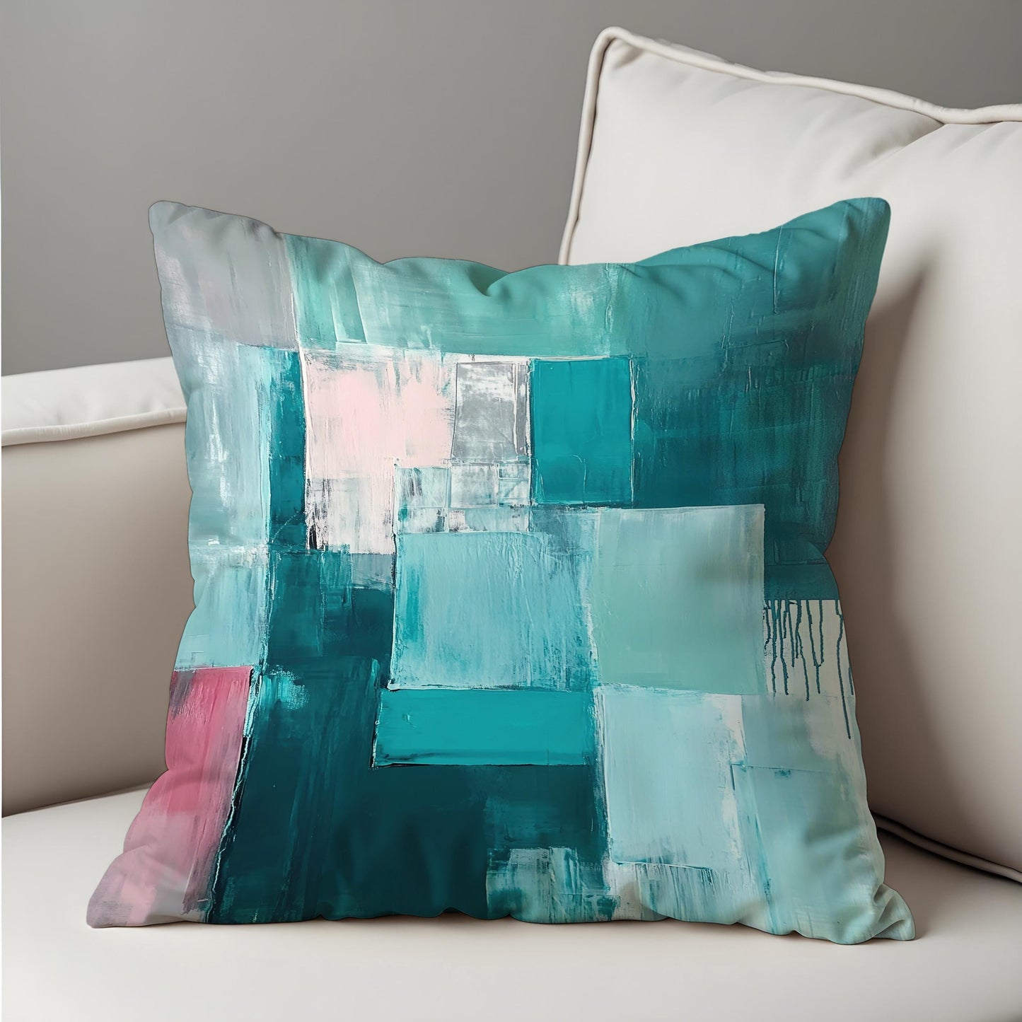 Teal Abstract Blocks Cushion Cover, Modern Textured Throw Pillow Cover