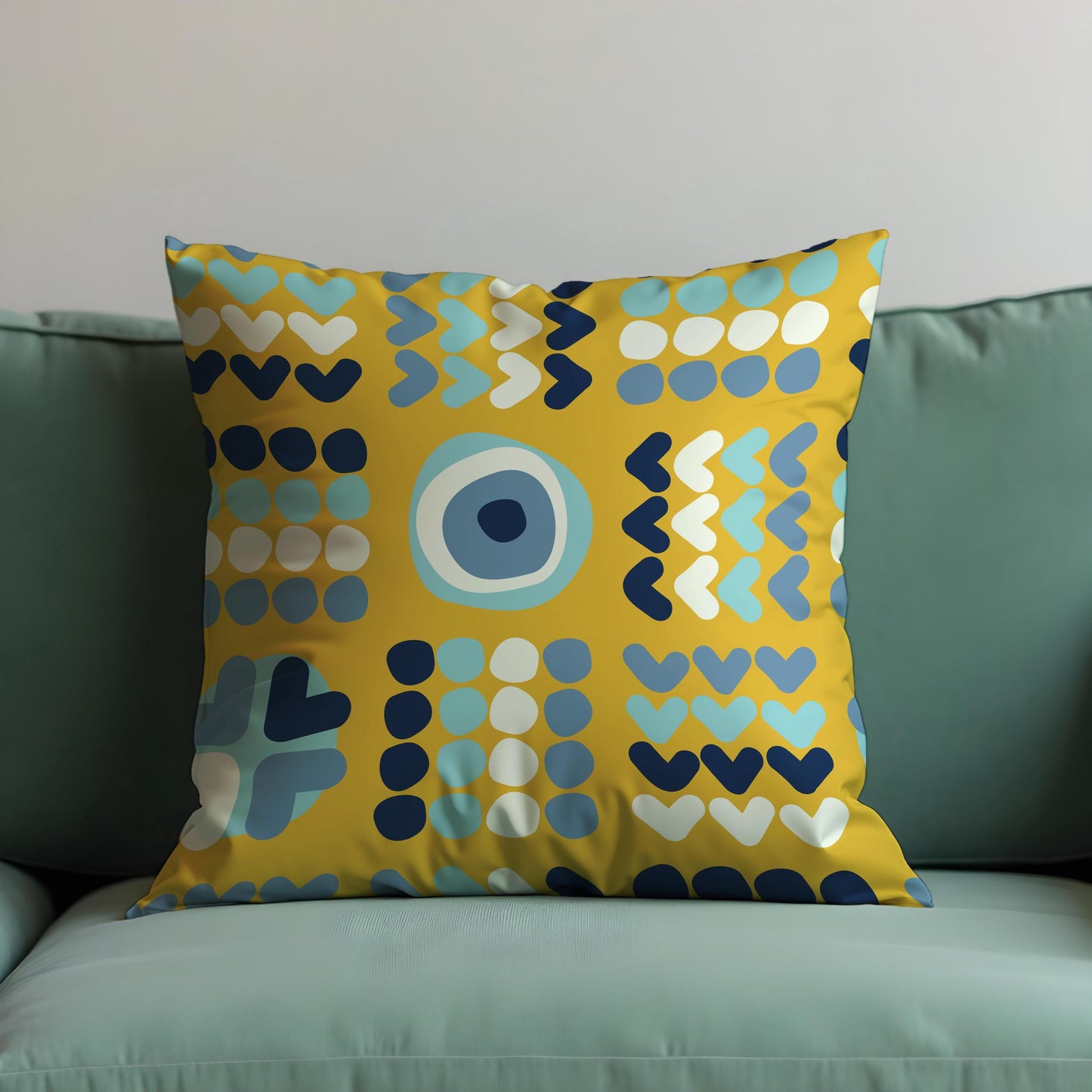 Modern Geometric Cushion Cover, Yellow Evil Eye Heart Pillow Cover