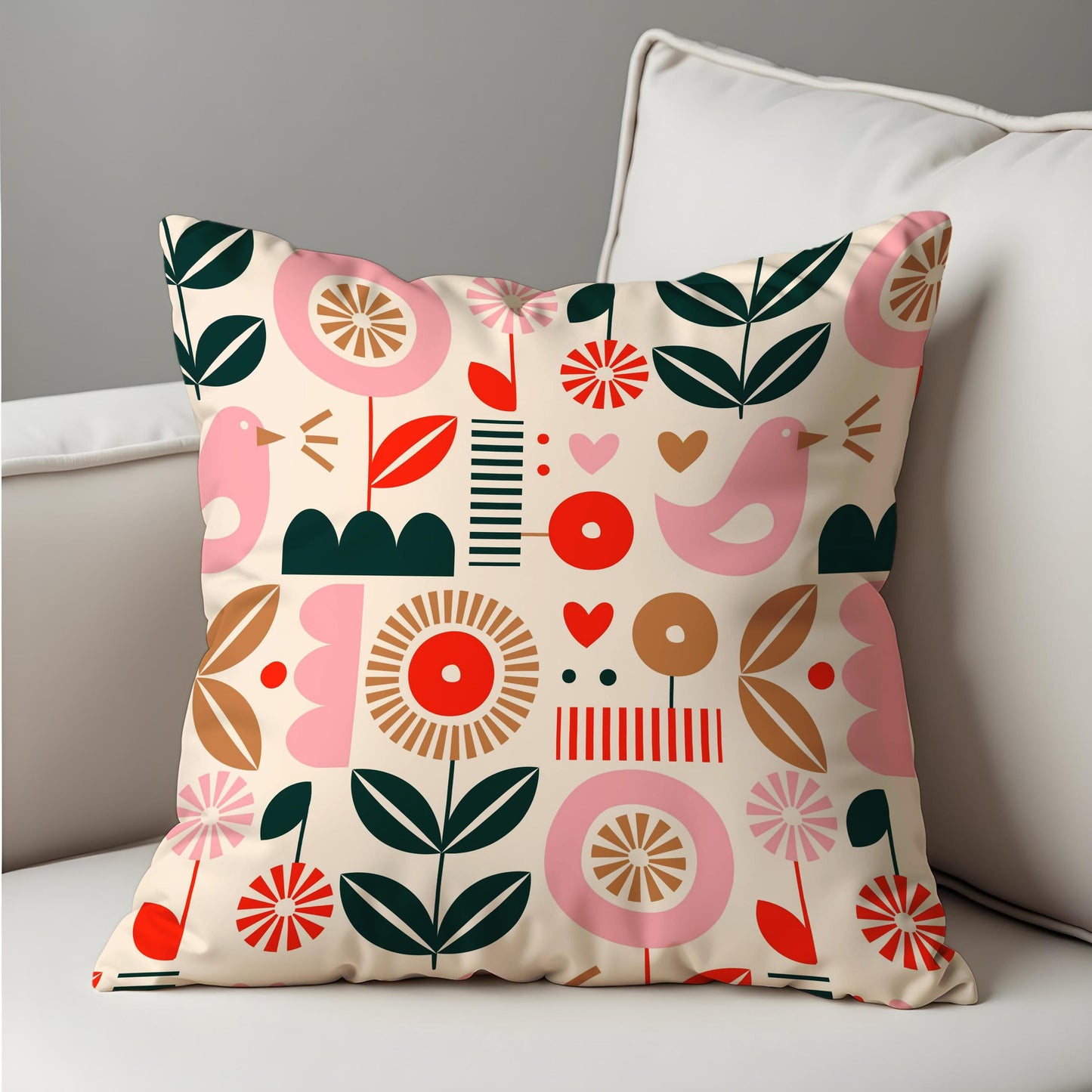 Scandi Folk Art Cushion Cover, Pink Bird & Floral Throw Pillow Cover