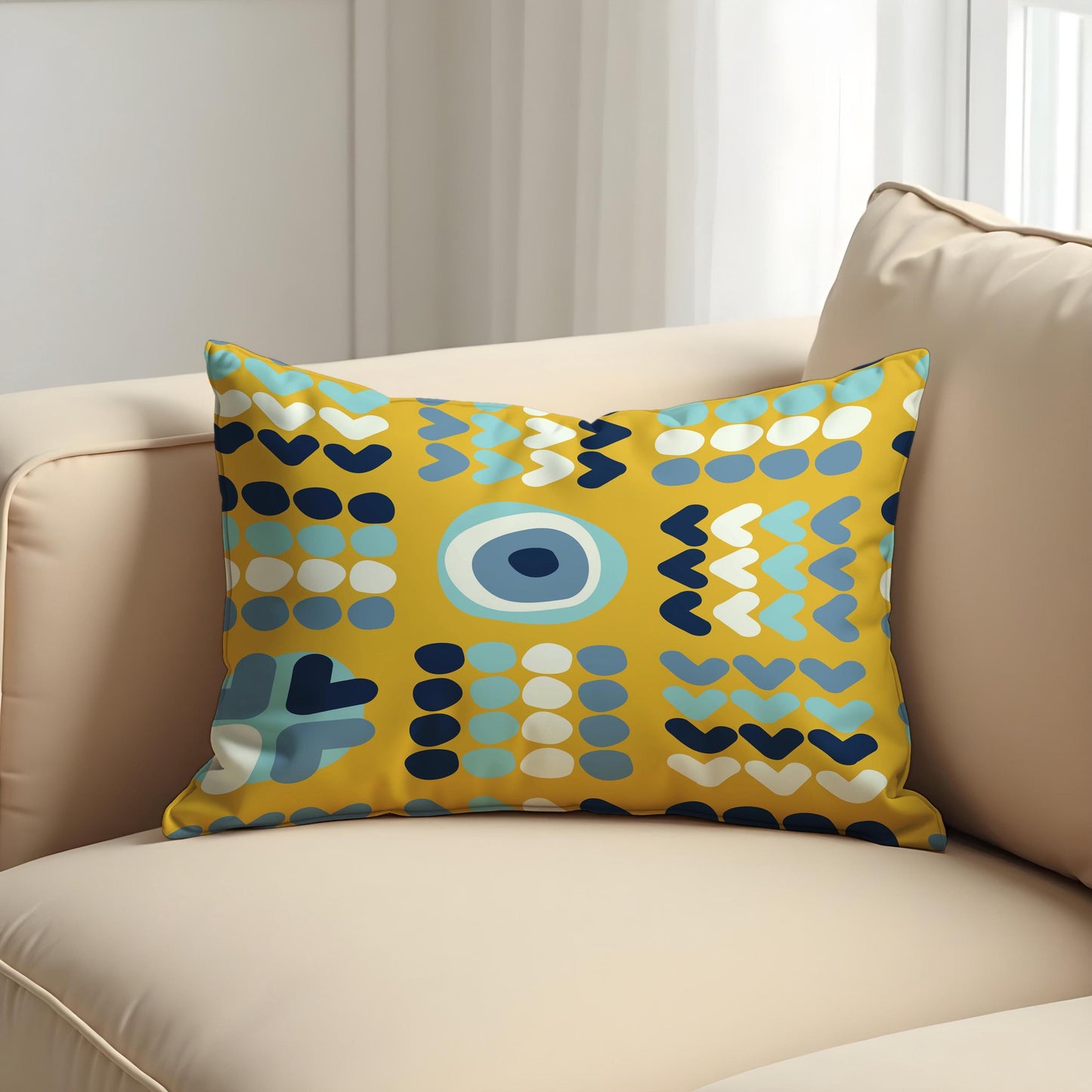 Modern Geometric Cushion Cover, Yellow Evil Eye Heart Pillow Cover