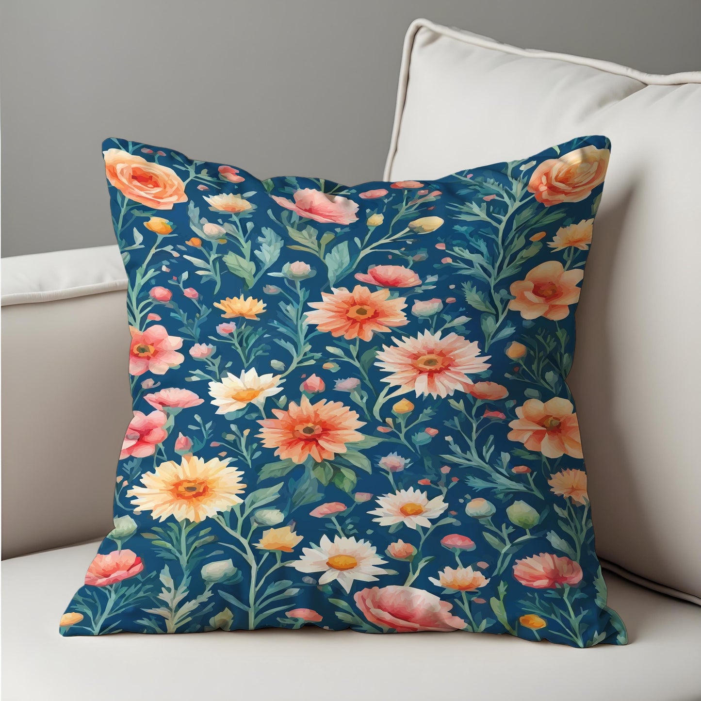 Wildflower Meadow Cushion Cover, Yellow & Coral Floral Pillow Case