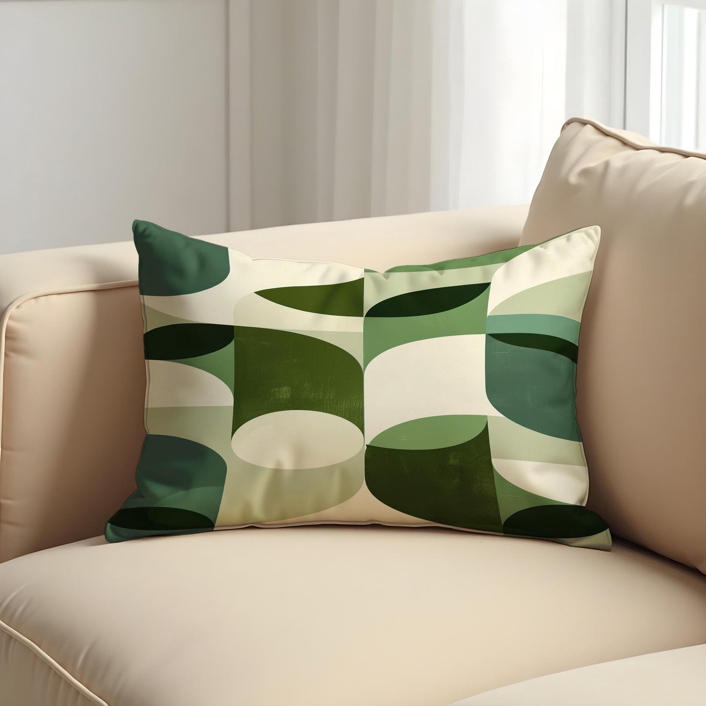 Green Retro Geometric Cushion Cover, Mid Century Modern Leaf Pillow Case