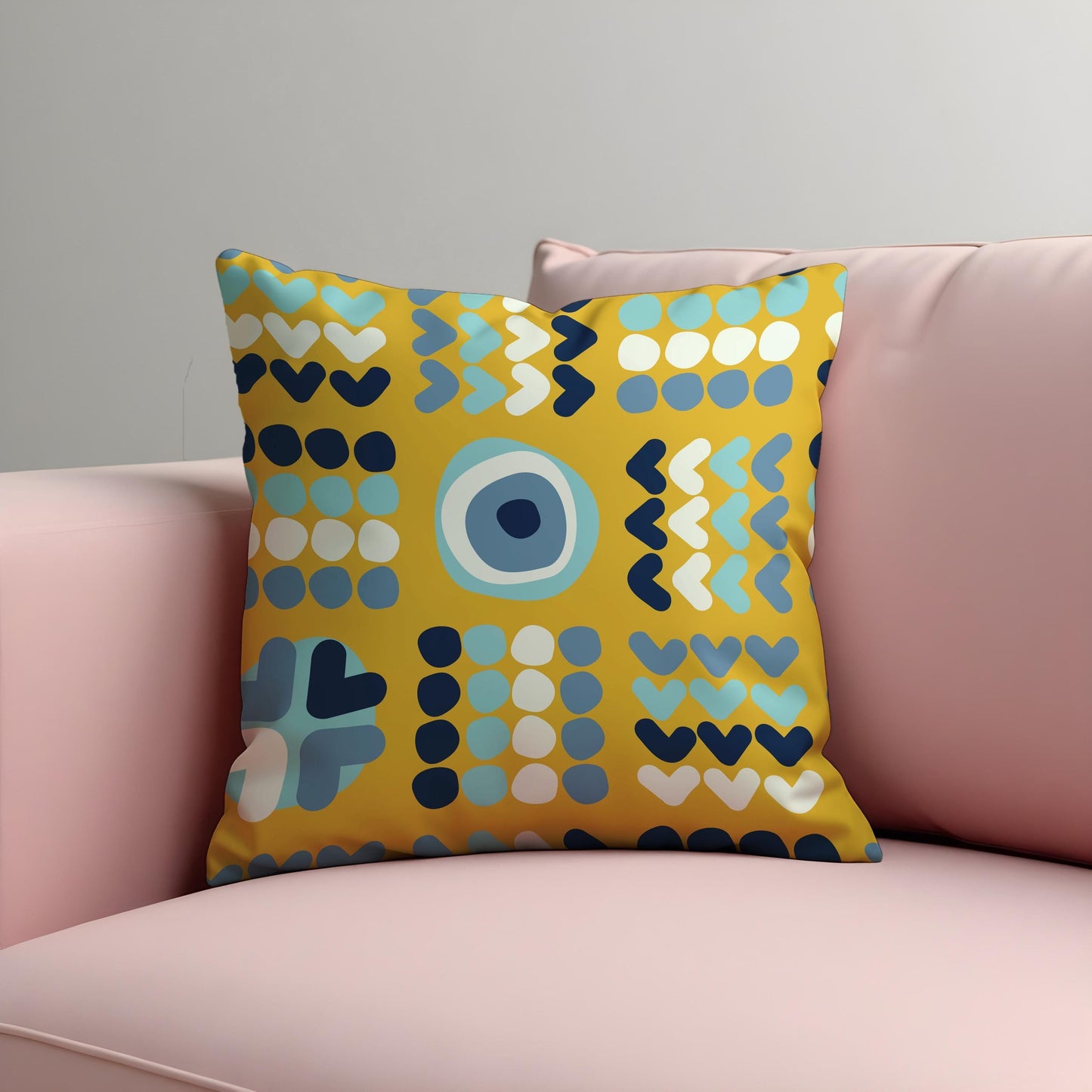 Modern Geometric Cushion Cover, Yellow Evil Eye Heart Pillow Cover