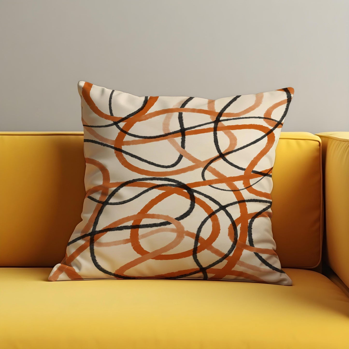 Modern Abstract Line Cushion Cover, Black & Rust Scribble Loops Pillow Case