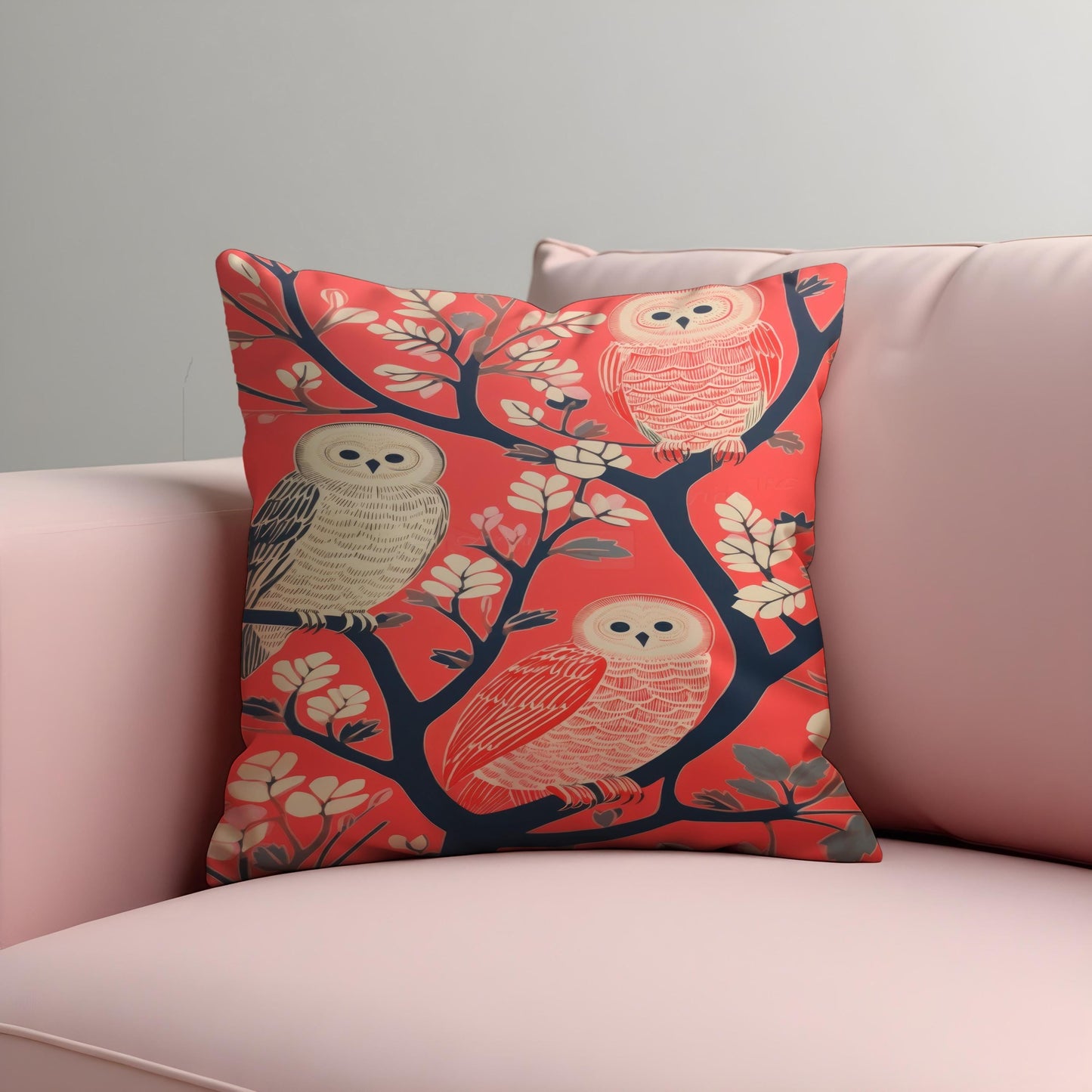 Whimsical Owl Cushion Cover, Birds on Tree Branch Throw Pillow Cover